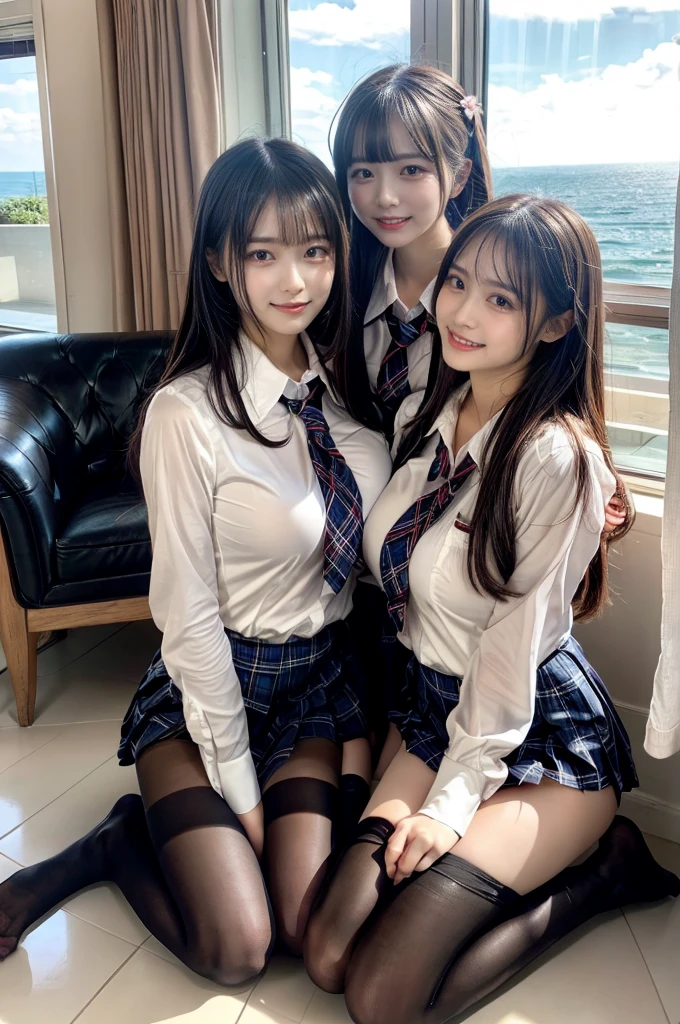 (Highschool girls inside suite room:1.4, , cute faces:1.5, triangular face, sitting on gorgeous bed), looking at viewer, ((embarrassed:1.3, smile:1.1)), shy smile, open mouth, silky skins, natural makeup, glossy lips, group shot, (sexual suggestive:0.7), (identical school uniform:1.5, white shirt open chest, see through , both hand on breast:1.24), (naked :0.2), (3 girls:1, perfect style, full body), ((slender body)), (pleated plaid skirt, show panties), (raw photo:1.4),(( legs wide open, ribbons, pantyhose:1.2)), (gentle light, 16k wallpaper, raw photo, idol), BIBE, (wide window with ocean scenery, expensive furniture:1.3, sheets on floor:1.4, flowers in planter), (very huge round breasts)