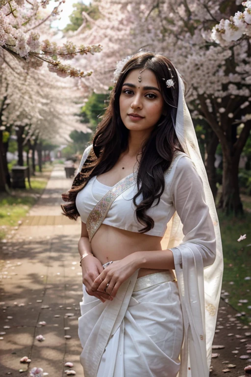 Radharani images with white saree and fleer ornaments in a forest of cherry blossoms