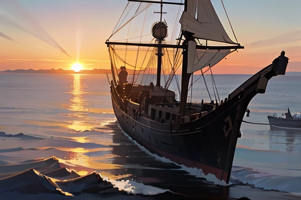 Sunset overlooking the sea and ancient caravels disembarking in the distance