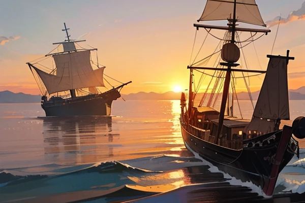 Sunset overlooking the sea and ancient caravels disembarking in the distance