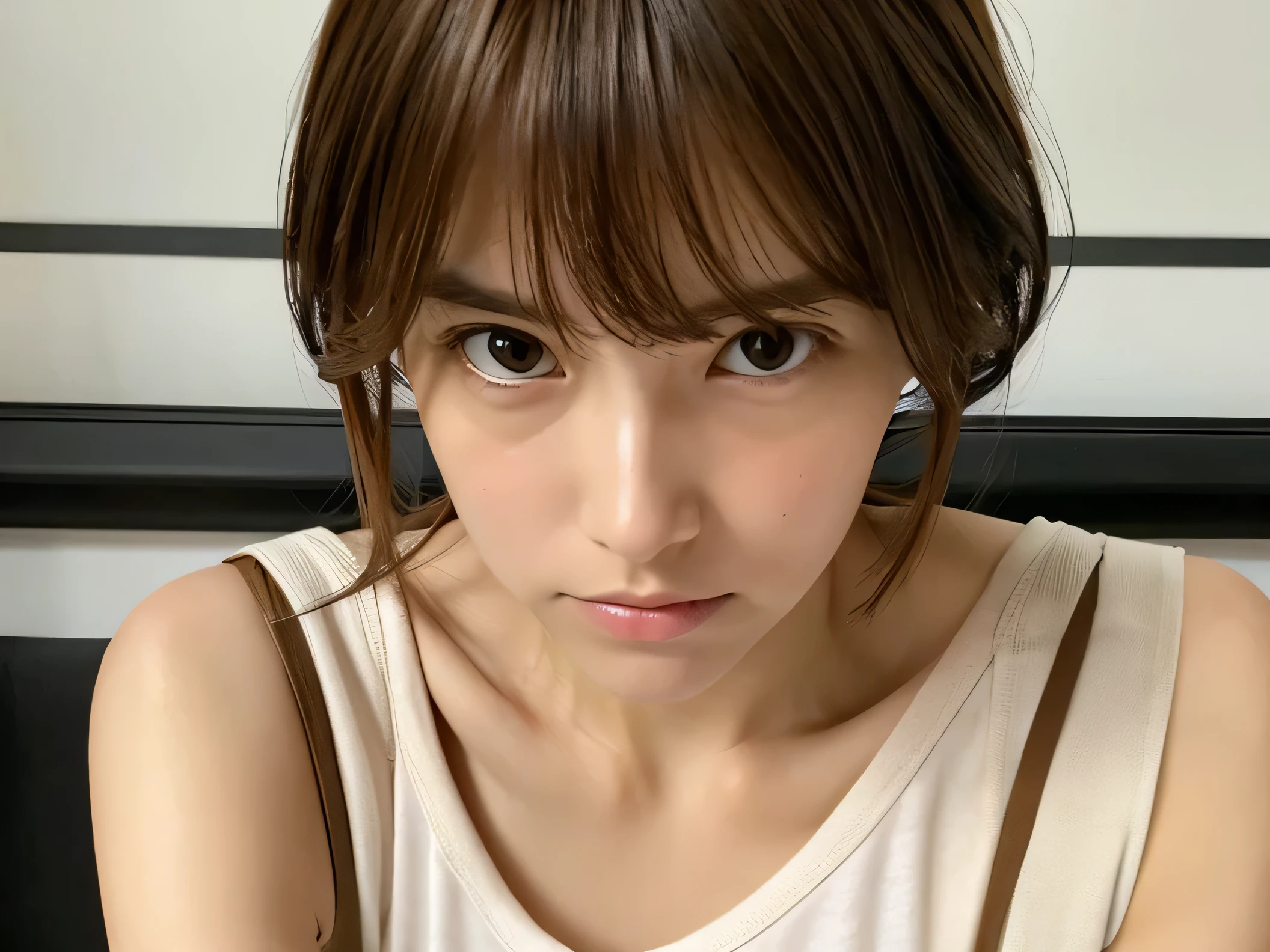 Look into the eyes,　Eye contact,　Front of face,　Front face,　face,　head,　Cross-legged,　indoor,　Brown Hair,　bangs,　Light clothing,　Tank top,　Sweat,　Sweaty,　Sweaty,　clavicle,　Cross-legged,　Light from below,　Chest