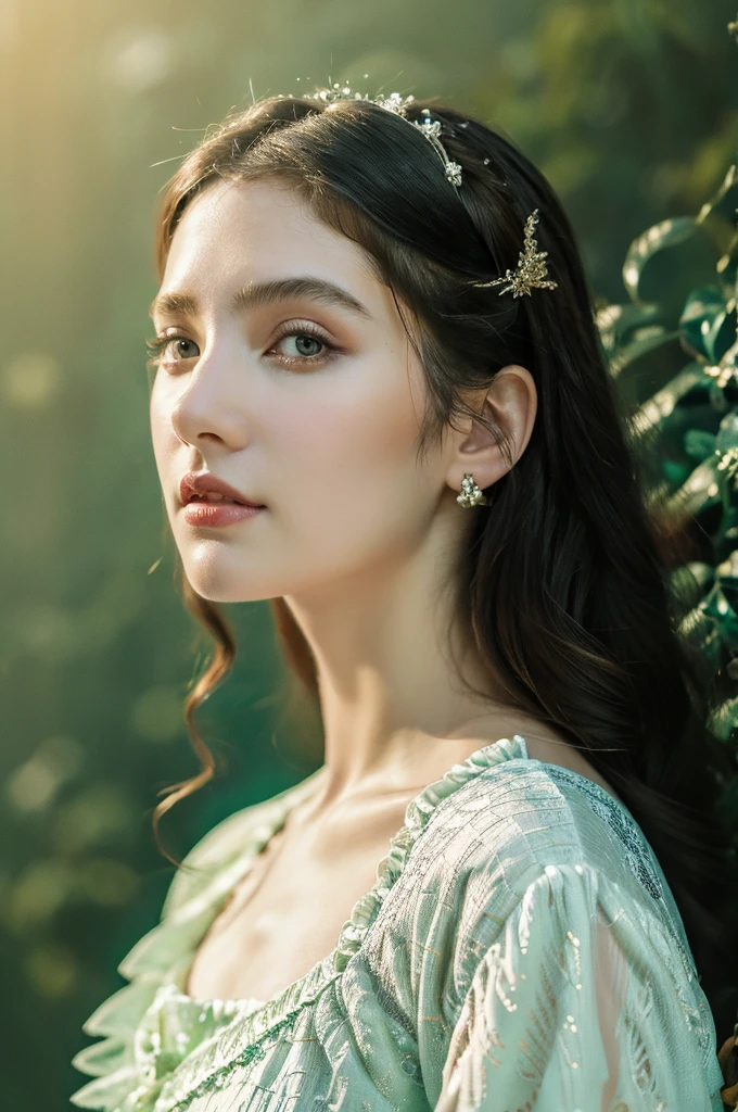 ( masterpiece, top quality, best quality,8k,17 years old girl,ultra detailed,raw photo:1.5),(photorealistic:1.4),(cinematic lighting), PerfectNwsjMajic, , Surrealism, UHD, ccurate, Super detail, textured skin, High detail, Best quality, dynamic angle, (high nose,White skin),[Beautiful blue eyes],(1girl),(good anatomy:0.5)), a woman in a dress, rococo queen, rococo fashion, rococo style portrait,rococo dress, rococo cyberpunk, No estilo de arte de Bowater, Senhora Vitoriana, Dreamy atmosphere,expressive brush strokes, mystical ambiance, Artistic interpretation, a whimsical illustration, Subtle colors and tones, face, (long hair), castle in the background ,