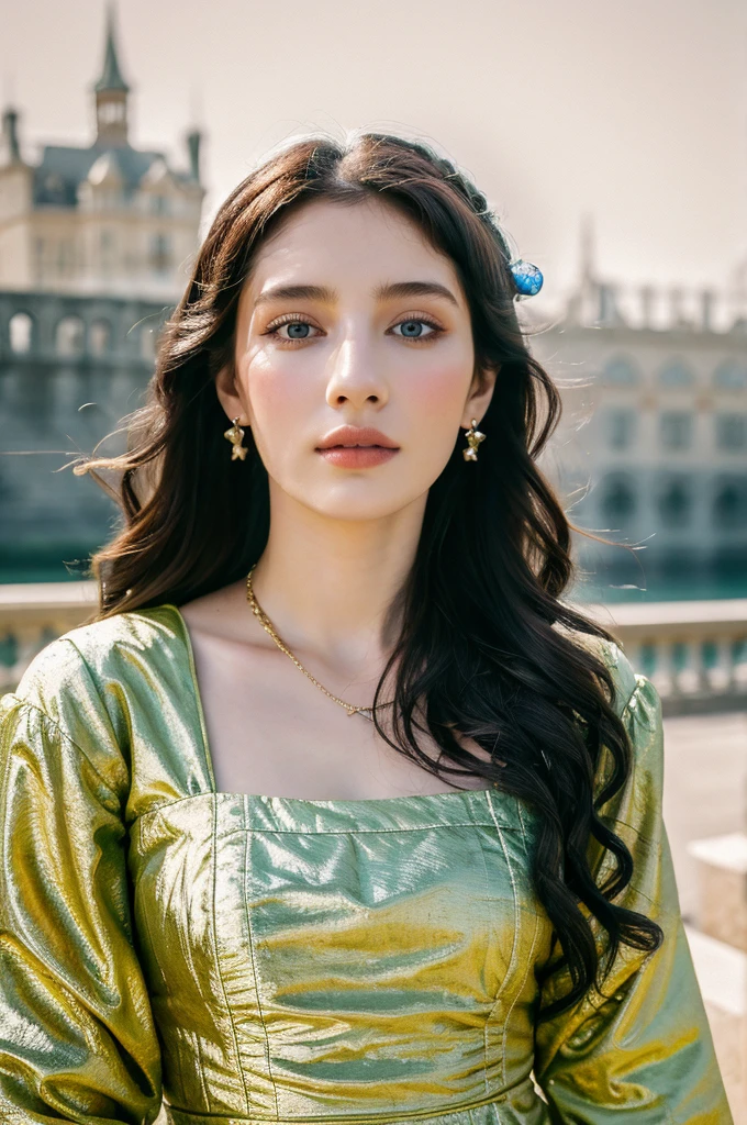 ( masterpiece, top quality, best quality,8k,17 years old girl,ultra detailed,raw photo:1.5),(photorealistic:1.4),(cinematic lighting), PerfectNwsjMajic, , Surrealism, UHD, ccurate, Super detail, textured skin, High detail, Best quality, dynamic angle, (high nose,White skin),[Beautiful blue eyes],(1girl),(good anatomy:0.5)), a woman in a dress, rococo queen, rococo fashion, rococo style portrait,rococo dress, rococo cyberpunk, No estilo de arte de Bowater, Senhora Vitoriana, Dreamy atmosphere,expressive brush strokes, mystical ambiance, Artistic interpretation, a whimsical illustration, Subtle colors and tones, face, (long hair), castle in the background ,
