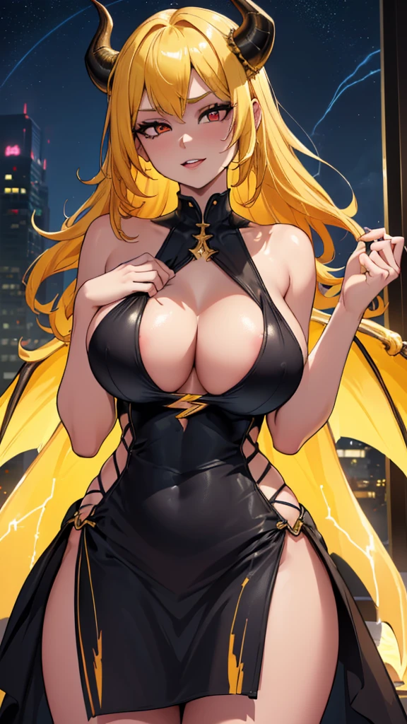 Masterpiece: 1.3, 1 girl ((25 years old, dressed in a tight dark dress and yellow details, , long bright yellow hair, beautiful face, perfect model body, large dragon horns, bright red eyes: 1.4, happy , crazy and  face looking at a girl: 1.2, yellow lightning in the background at night: 1.1, beautiful and energetic atmosphere: 1.2))