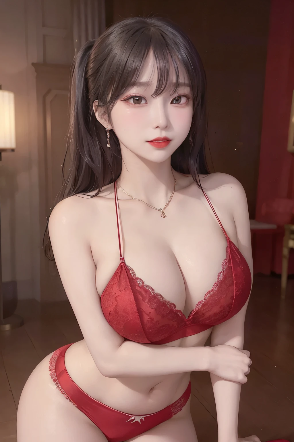 A sexy and charming korea woman, legs thrown back, elegant and intellectual, confident and generous, exquisite and beautiful face, exquisite collarbone, charming fragrant shoulders, navel, full body wet photo, body facing the front, beautiful and exquisite pretty face, peach Red lips, fragrant shoulders slightly exposed, super big breasts looming, focus on the face, seductive and delicate collarbone, ultra-high resolution, tender and smooth skin, very realistic details, bokeh, Bright Background, ultra-high-definition, outstanding details, 8K, blushing face, Attractive collarbone, sexy shoulders, one person, wet bob hair, ponytail long hair, smile with teeth, clothes((luxury red lace sexy underwear with deep cleavage, luxury necklace):1.2), high detail, shiny skin, (standing pose:1.5), beauty light smile, blur background, big breasts,