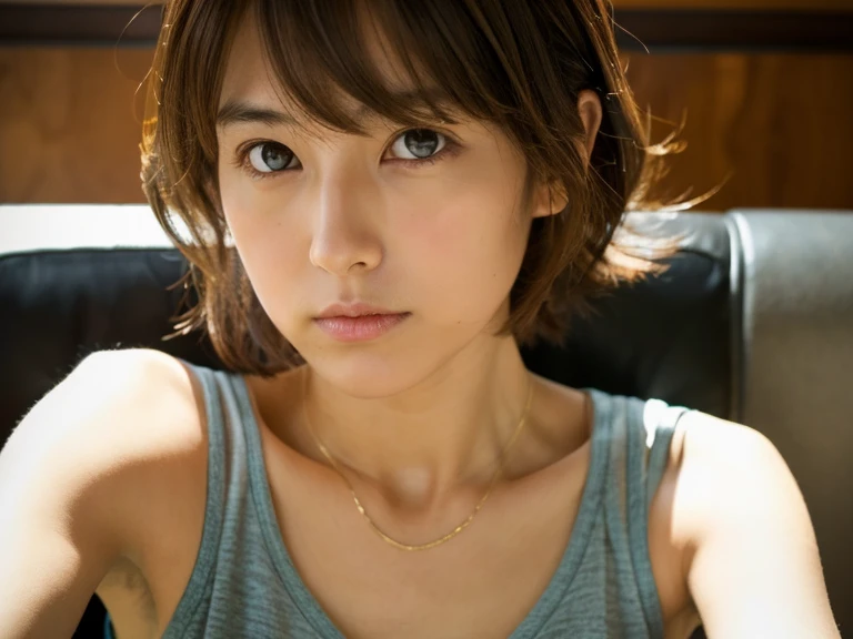 Look into the eyes, Eye contact, Front of face, Front face, face, head, Cross-legged, Cross-legged, indoor, Brown Hair, bangs, Light clothing, Tank top, Sweat, Sweatだく, Sweatばみ, clavicle, Cross-legged, Light from below, Chest