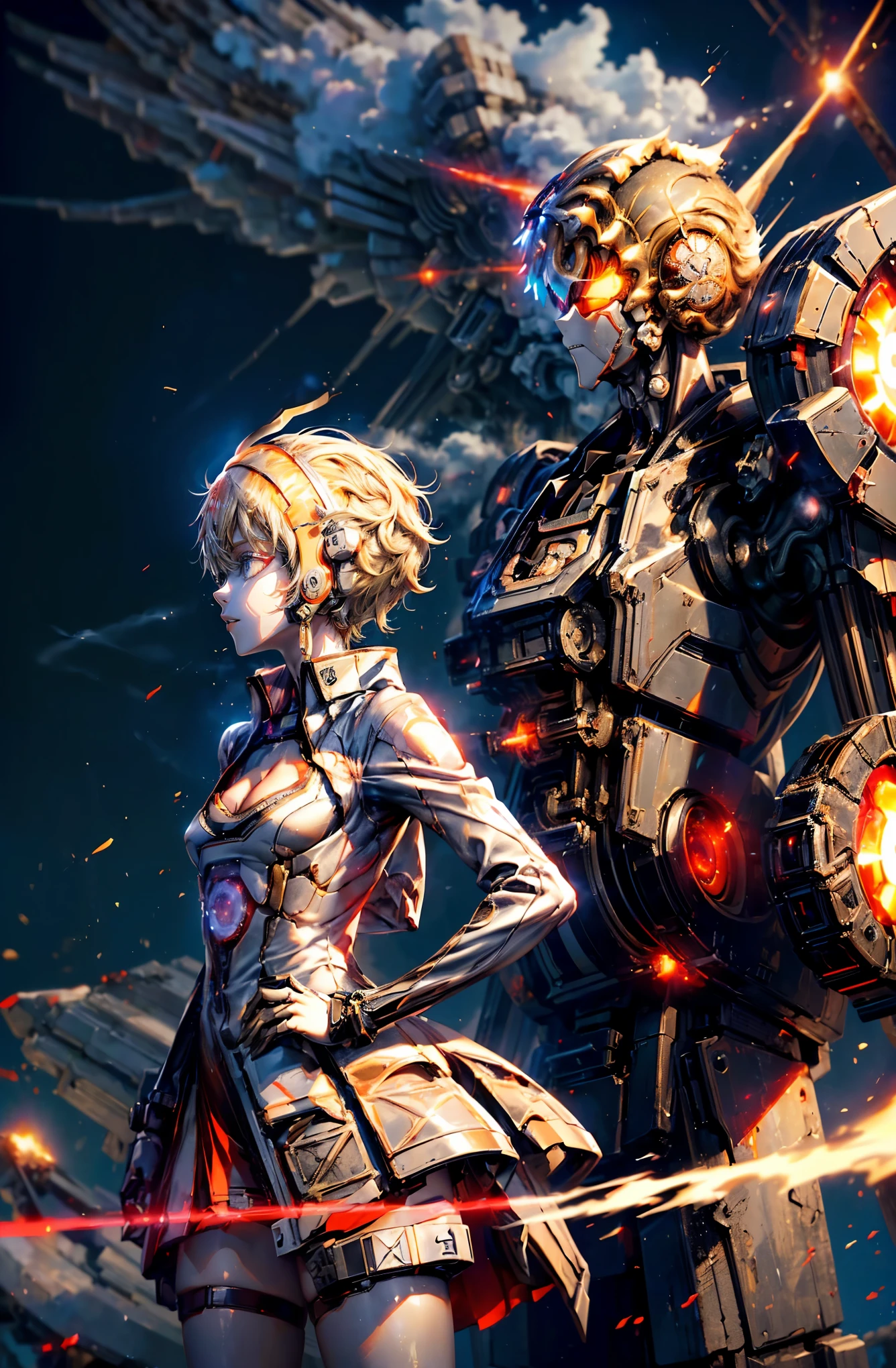 super high quality、8K quality、High resolution、Image quality captured with a single-lens reflex camera、(SFW)、Perfect Anatomy、(White dress theme）Beautiful Mecha Girl、Beautiful blonde 20 year old girl.Orange eyes、(Good shape、Normal chest、Cleavage)、3D, Realistic black machine parts、（Shoulders and legs are exposed:1.2）(Real Mechanical Unit、The mechanism is concentrated on the back)、break(Wear a red dress:1.4)(Mechanical parts below the elbows and knees:1.3)break、（Gatling Gun、Anti-missile attack:1.5）（Perfect Anatomy:1.4）break(Back view、Beautiful profile、avert your eyes:1.3)Burst smoke（Missile attack）(Kasukabe City, Saitama Prefecture:1.5)