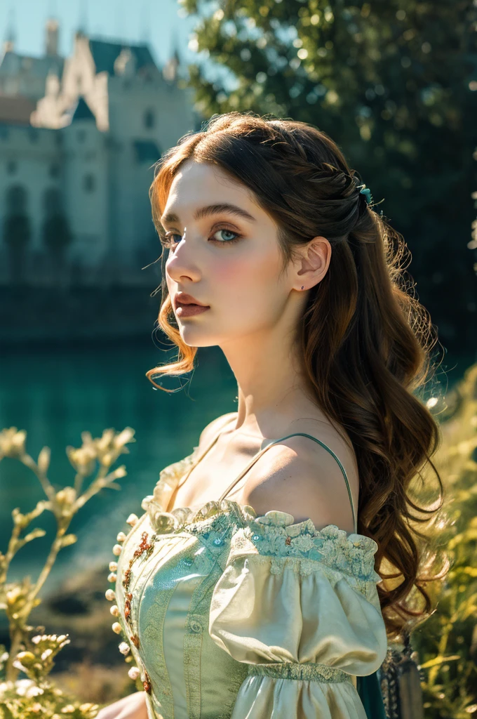( masterpiece, top quality, best quality,8k,17 years old girl,ultra detailed,raw photo:1.5),(photorealistic:1.4),(cinematic lighting), PerfectNwsjMajic, , Surrealism, UHD, ccurate, Super detail, textured skin, High detail, Best quality, dynamic angle, (high nose,White skin),[Beautiful blue eyes],(1girl),(good anatomy:0.5)), a woman in a dress, rococo queen, rococo fashion, rococo style portrait,rococo dress, rococo cyberpunk, No estilo de arte de Bowater, Senhora Vitoriana, Dreamy atmosphere,expressive brush strokes, mystical ambiance, Artistic interpretation, a whimsical illustration, Subtle colors and tones, sunny,face, (long hair), castle in the background ,