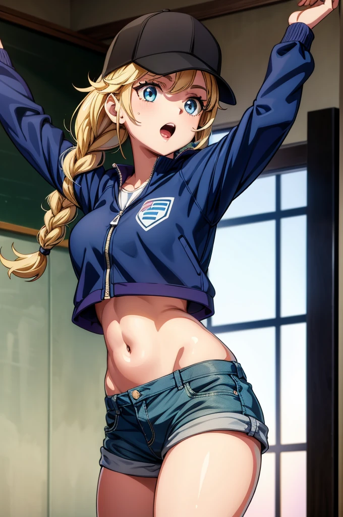 a girl in a green cap standing in between chairs looking at the camera, 1girl, breasts, shorts, solo, navel, blue eyes, long hair, braid, indoors, baseball cap, jacket, hat, classroom, open clothes, twin braids, looking at viewer, green jacket, short shorts, arms up, open mouth, open jacket, desk, stomach, sweat, medium breasts, school desk, white shorts, bangs