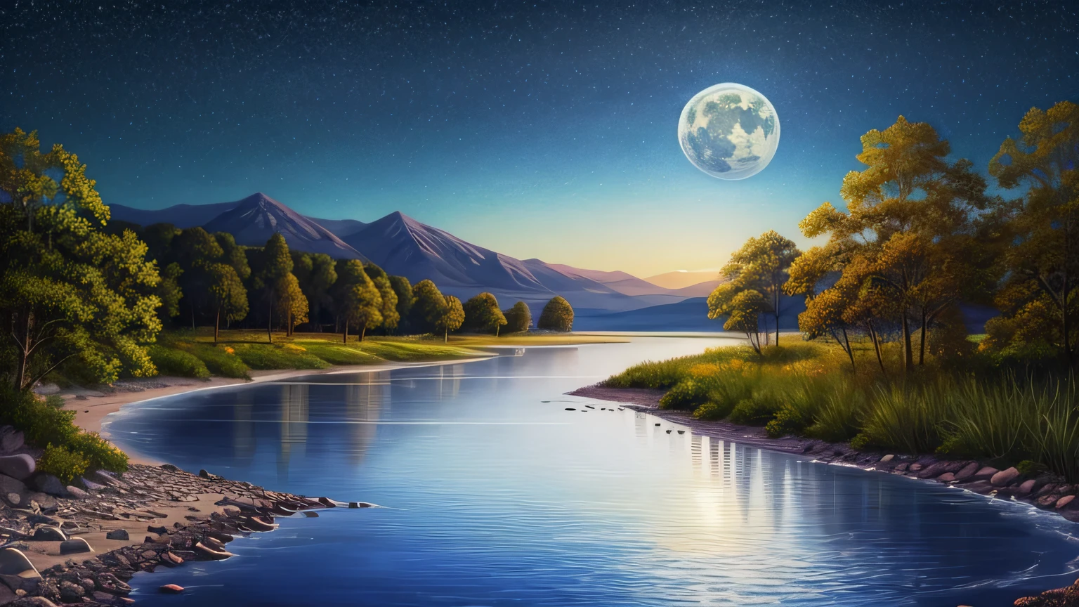 Painting of a river with stars and moon floating in the sky, Concept art inspired by Mitsuoki Tosa, pixiv Contest Winner, highest quality, Fantasy art, Beautiful anime scene, Bright Moon, Moonlight and Starry Sky Environment, Dream painting, Anime Background Art, Fantasy Landscape Painting, Fantasy Night, Anime Background, Background artwork, Amazing art, Atmospheric anime, Starry Sky, Detail enhancements.