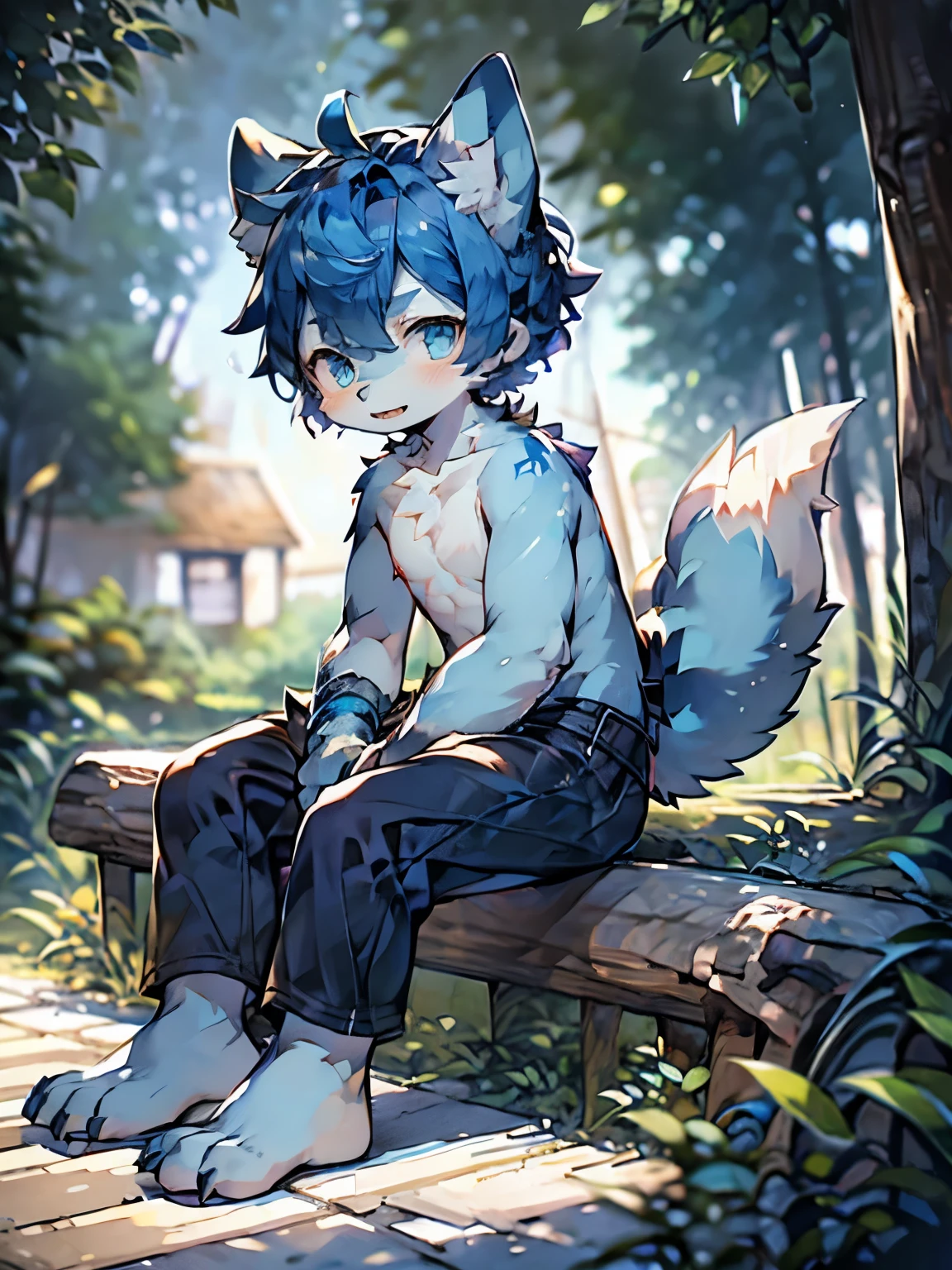 shirtless blue fox, male, furry, furry face, furry body, sitting, tooth-neckcle, cute, non-muscle body, big tail, soft