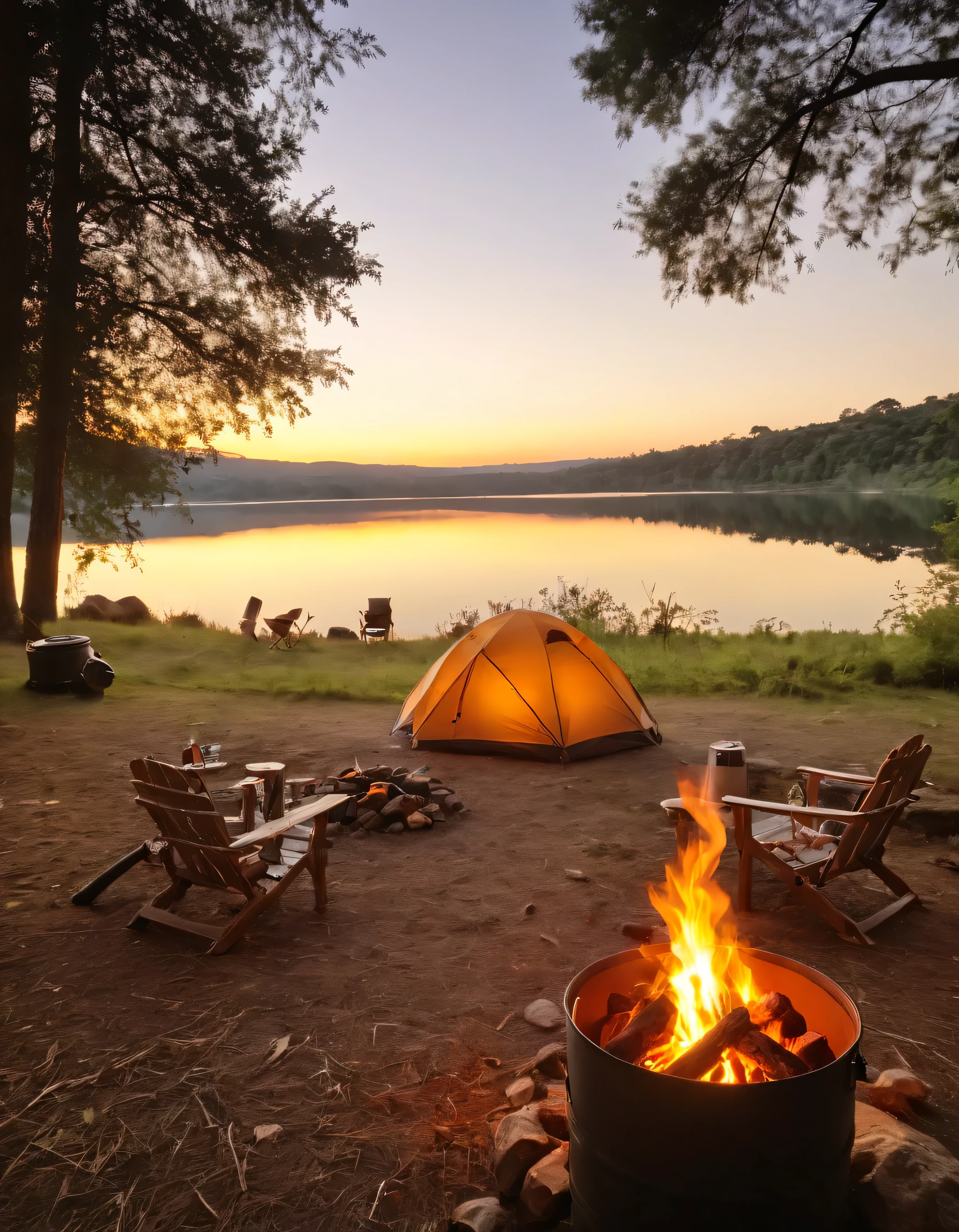 araffe camping next to a lake with a tent and fire, peaceful environment, camping, beautiful environment, at sunrise, campfire in background, barrel fires and tents, peaceful atmosphere, relaxing environment, setting in nature, warm beautiful scene, campsites, beautiful setting, during sunrise, summer setting, serene environment, summer lake setting, cozy place, cozy environment