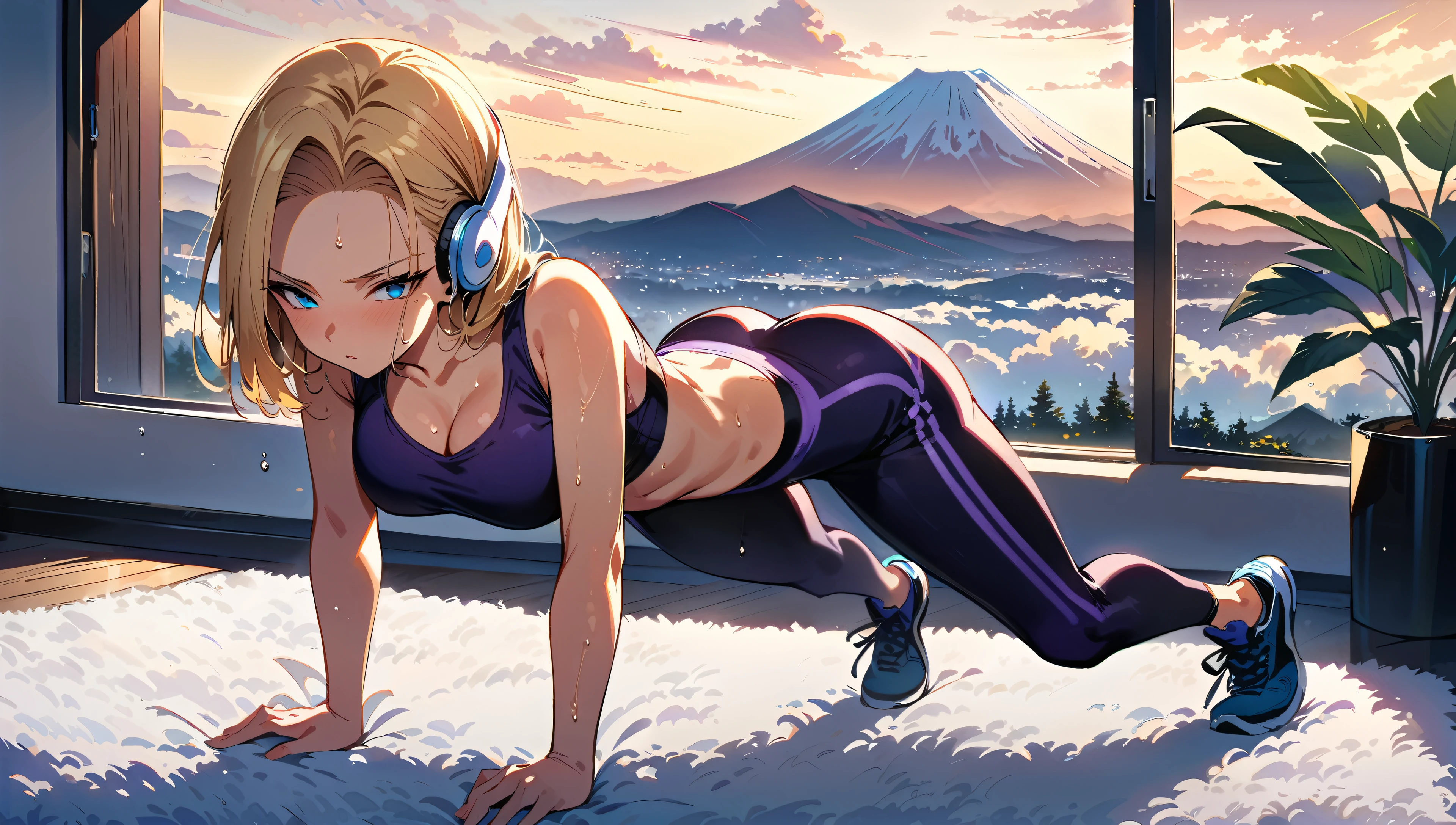 (masterpiece, best quality:1.2), frontal full body shot, Android 18 from Dragon Ball, (doing a plank), wearing (purple training wear, e.g. sports bra and leggings), purple training shoes, (white over-ear headphones), short blonde hair, her sweaty forehead, blue eyes, earrings on earlobes, detail face, sweating, slender feminine figure, legs fully extended, narrow waistline, modern feminine room with white decor, white plush rug, potted plants, daylight streaming in through large windows, Mount Fuji and sun in the distance, morning, 4K