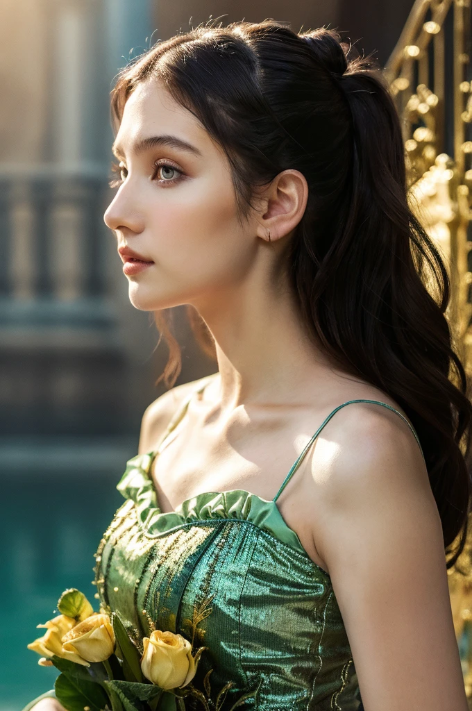 ( masterpiece, top quality, best quality,8k,17 years old girl,ultra detailed,raw photo:1.5),(photorealistic:1.4),(cinematic lighting), PerfectNwsjMajic, , Surrealism, UHD, ccurate, Super detail, textured skin, High detail, Best quality, dynamic angle, (high nose,White skin),[Beautiful blue eyes],(1girl),(good anatomy:0.5)), a woman in a dress, rococo queen, rococo fashion, rococo style portrait,rococo dress, rococo cyberpunk, No estilo de arte de Bowater, Senhora Vitoriana, Dreamy atmosphere,expressive brush strokes, mystical ambiance, dark,Artistic interpretation, a whimsical illustration, Subtle colors and tones, face, (long hair), castle in the background ,