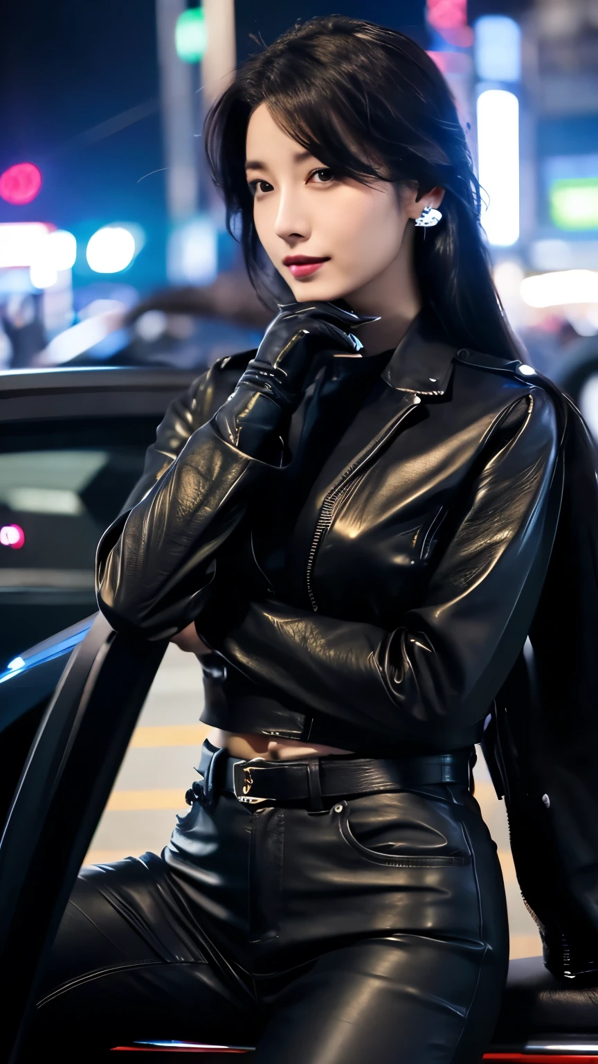 black leather rider jacket, Office in the Dark, Black leather gloved fingertips on both hands,Wearing black leather gloves,Sitting in a black leather chair、 Japanese female new recruits (Black leather gloves cover both hands) (The angle is horizontal)、Black Leather Pants,Black Leather Black Leather Pants,Black Leather Skinny Pants、Long black leather boots on both feet、Black hair ponytail ((He wears black leather gloves on his hands))Full Body Photo,full body shot full body full body leather suit,☺If you turn in this direction。Wearing black leather gloves,Wearing black leather gloves,Wearing black leather gloves,Wearing black leather gloves,Wearing black leather gloves,Wearing black leather gloves,黒のレザーパンツが美しい😍黒のレザーパンツが美しい😍黒のレザーパンツが美しい,😍Smiling while looking at me,City lights、((Neon Cyberpunk City Street:1.3))、(Neon Light)、Detailed lighting、
Best image quality、Ultra-high resolution、(realism:1.4)、Korean Beauty Star、The most beautiful KPOP stars、face、Horny Korean Makeup、A body that makes you want to touch it、Realistic leather texture、Costume made of smooth leather fabric、The drape of the curved parts of the leather fabric、The costume is very shiny、Quality of the costume、8K Photo Quality