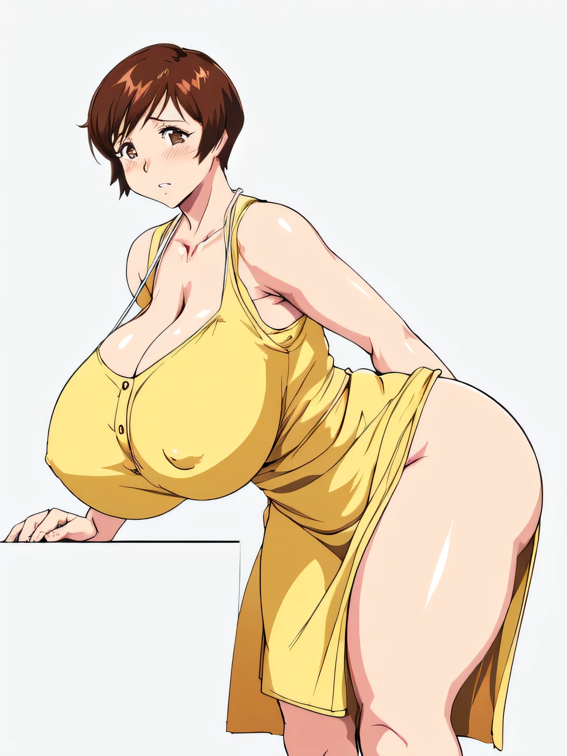 masterpiece, highest quality, High resolution, One girl, alone, sexual intercourse, Pornographic images, short hair, etsukoto, Fine grain, Fine grain, (((Thick thighs, Plump thighs, Voluptuous thighs, Enough thighs))), Big and ample breasts, Cleavage, Huge long breasts, Naughty big,((Big breasts are important))、((Naughty thighs)), L Cup, (thin:1.4),(Narrow waist:1.4),  (Perfect beautiful yellow dress:1.4), ((white waist apron)), Embarrassed look, avert your eyes, (((simple background))), ((Wide Hips)), (Shiny oily skin:1.4), Mature mother, Calf, Seductive mature woman, Perfect body, (((Thick))), Plus Size Model, etsukoto, blush, clavicle, retro artstyle, 1990s (style), bent over, from side, bare legs, bare ass, nsfw,