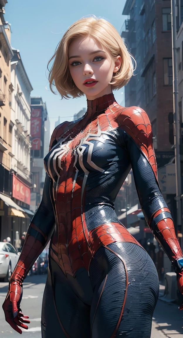 (1 girl: 1.3), alone, (extremely beautiful face), red lips, smile, (((extremely detailed face))),(((extremely detailed face and eyes)),beautiful detailed eyes, body parts__, official art, Total 8k wallpapers, Extremely detailed, beautiful and aesthetic, beautiful, Masterpiece, best quality, raw, Masterpiece, ultra-thin photos, best quality, Ultra high resolution, Photorealism, sunlight, full figure, incredible beauty, Short blonde haircut, dynamic poses, delicate face, bright blue eyes, (from the front), She was wearing a very sticky gel suit. (Inspired by Spiderman's suit.), cosplay ('/snow/'), metallic silver, Transparent color scheme: white and black., atop a skyscraper, very detailed, detailed face, Detailed complex busy background, tangle, beautiful, milky white, Highly detailed skin, realistic skin details, visible pores, Sharp focus, Volumetric mist, 8k uh, DSLR, High quality, Film texture, ผิวbeautiful, Optical Realism, Lomography, A great metropolis in a dystopian future., View from below, translucent