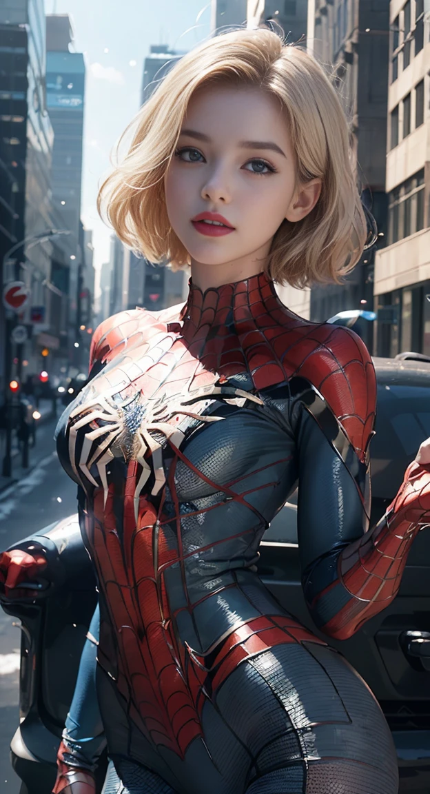 (1 girl: 1.3), alone, (extremely beautiful face), red lips, smile, (((extremely detailed face))),(((extremely detailed face and eyes)),beautiful detailed eyes, body parts__, official art, Total 8k wallpapers, Extremely detailed, beautiful and aesthetic, beautiful, Masterpiece, best quality, raw, Masterpiece, ultra-thin photos, best quality, Ultra high resolution, Photorealism, sunlight, full figure, incredible beauty, Short blonde haircut, dynamic poses, delicate face, bright blue eyes, (from the front), She was wearing a very sticky gel suit. (Inspired by Spiderman&#39;s suit.), cosplay ('/snow/'), metallic silver, Transparent color scheme: white and black., atop a skyscraper, very detailed, detailed face, Detailed complex busy background, tangle, beautiful, milky white, Highly detailed skin, realistic skin details, visible pores, Sharp focus, Volumetric mist, 8k uh, DSLR, High quality, Film texture, ผิวbeautiful, Optical Realism, Lomography, A great metropolis in a dystopian future., View from below, translucent