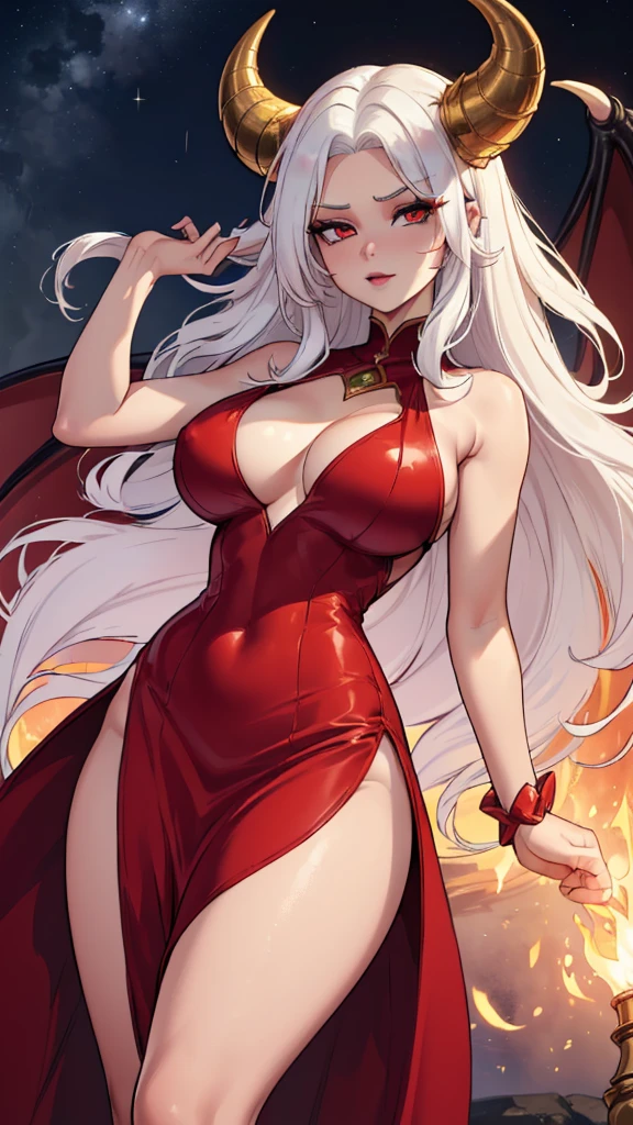 Masterpiece: 1.3, 1 girl ((25 years old, dressed in a tight red dress and gold details, huge breasts, long bright white hair, beautiful face, perfect model body, large dragon horns, bright red eyes: 1.4, happy , crazy and lustful face looking at a girl: 1.2, big flame in the background at night: 1.1, beautiful and energetic atmosphere: 1.2))