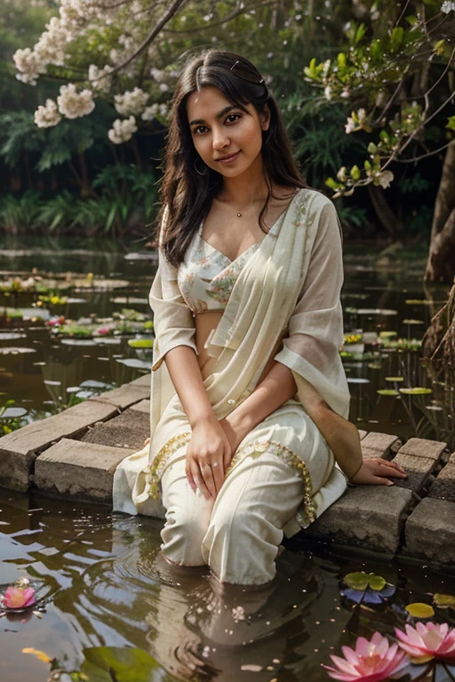 Create a image of girl with a soft smile on her face remembering her kanha with near a pond filled with Lotus with white saree full clothes and flowered ornaments sitting in a green forest with cherry blossoms