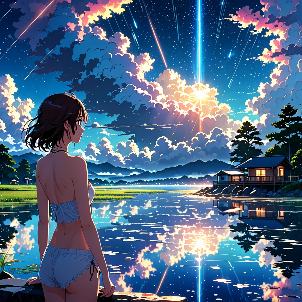1 topless girl, eye, close up, beautiful night sky, meteor shower, beyond the clouds, water surrounded, reflections, wide angels, breathtaking clouds, wide angle, by makoto shinkai, thomas kinkade, james gilleard, by holosomnialandscape, hdr, volumetric lighting, ray tracing, an intricate, high details, very detailed, deviantart, 4k vertical wallpaper,, colorful, airy, anime illustration, anime nature wallpaper