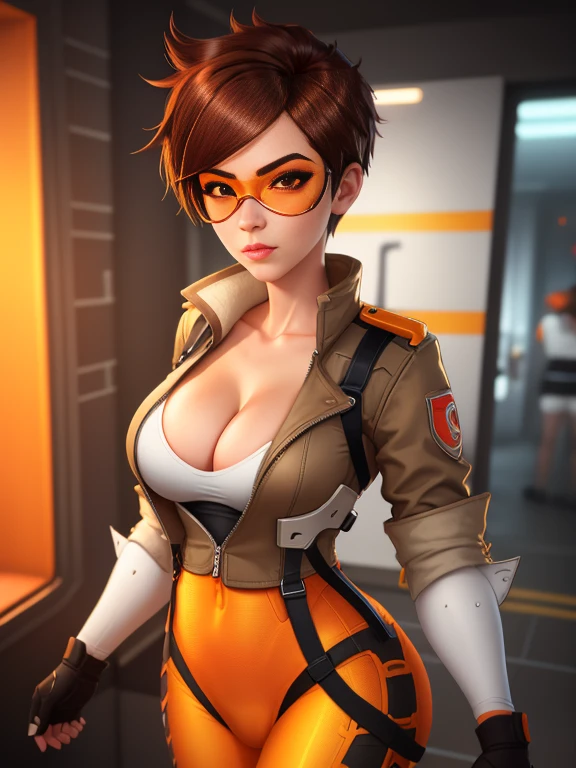 tracer, thighs, nude, full body, high heels, medium tits, jeans, nude tits, orange googles, 1 girl