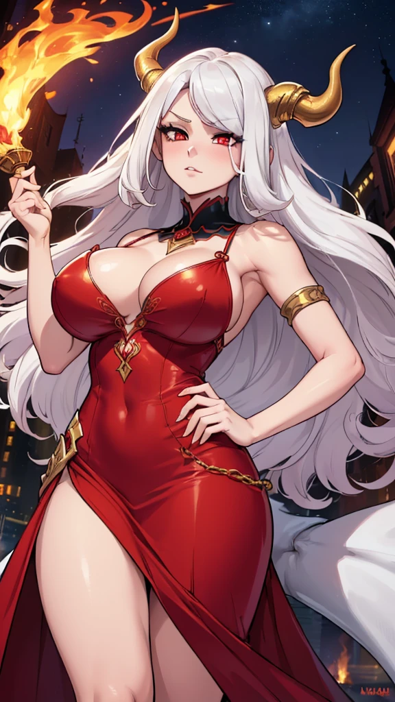 Masterpiece: 1.3, 1 girl ((25 years old, dressed in a tight red dress and gold details, huge breasts, long bright white hair, beautiful face, perfect model body, large dragon horns, bright red eyes: 1.4, happy , crazy and lustful face looking at a girl: 1.2, big flame in the background at night: 1.1, beautiful and energetic atmosphere: 1.2))