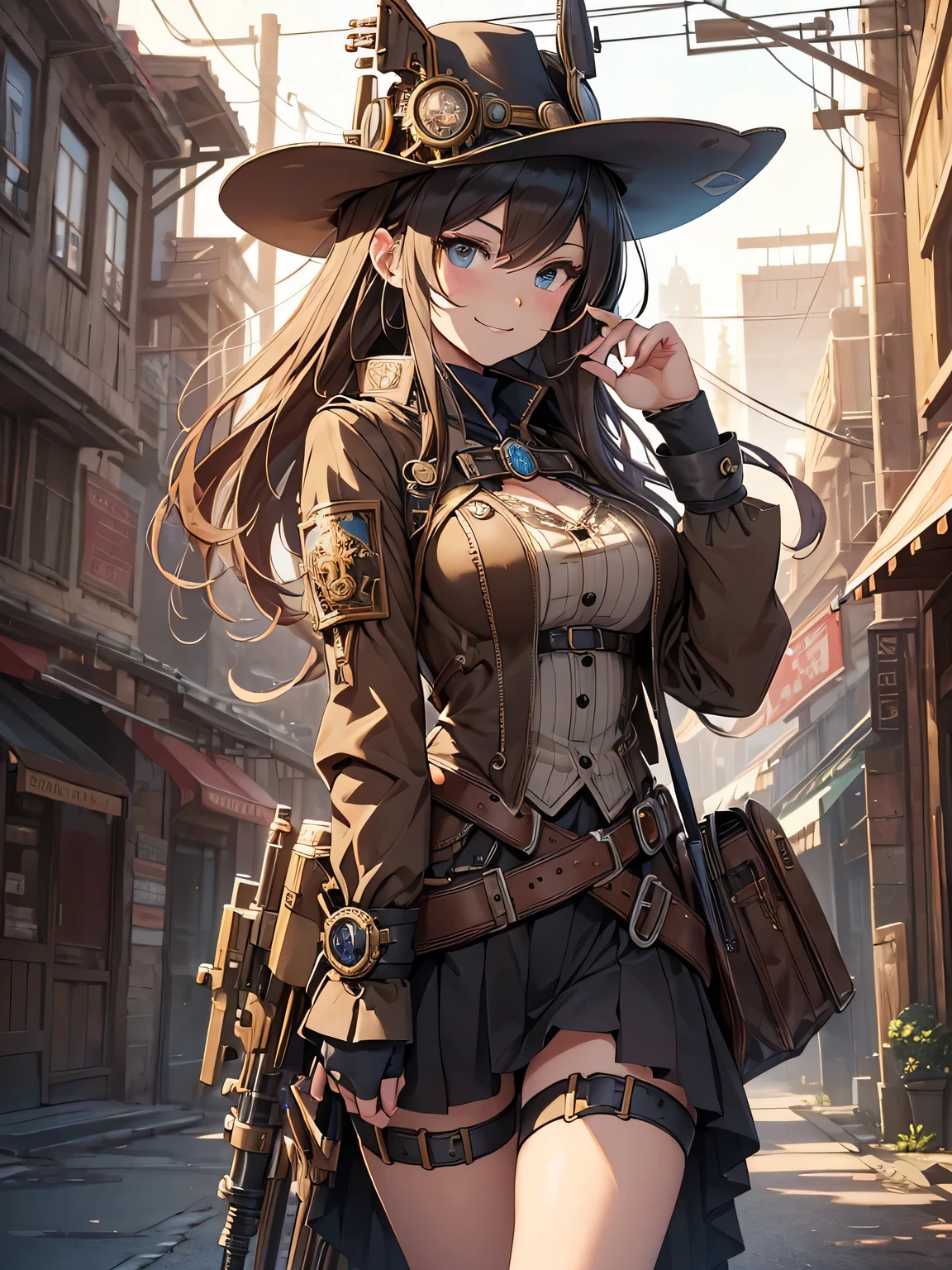 (Line art_anime),(Cowboy Shot,Low Angle, highest quality, ),(Laura Budd Photos:1.2),(Laura Add details:1.0),8k, Flat Color:0.8,1 girl,smile,(Highly decorative and complex mechanical steampunk fashion, Lace flare dolphin hat、goggles、Holding a musket gun in hand 1.5、machinery background、Gear background、An elaborately mechanized steampunk cityscape 1.5),Cute pose,
