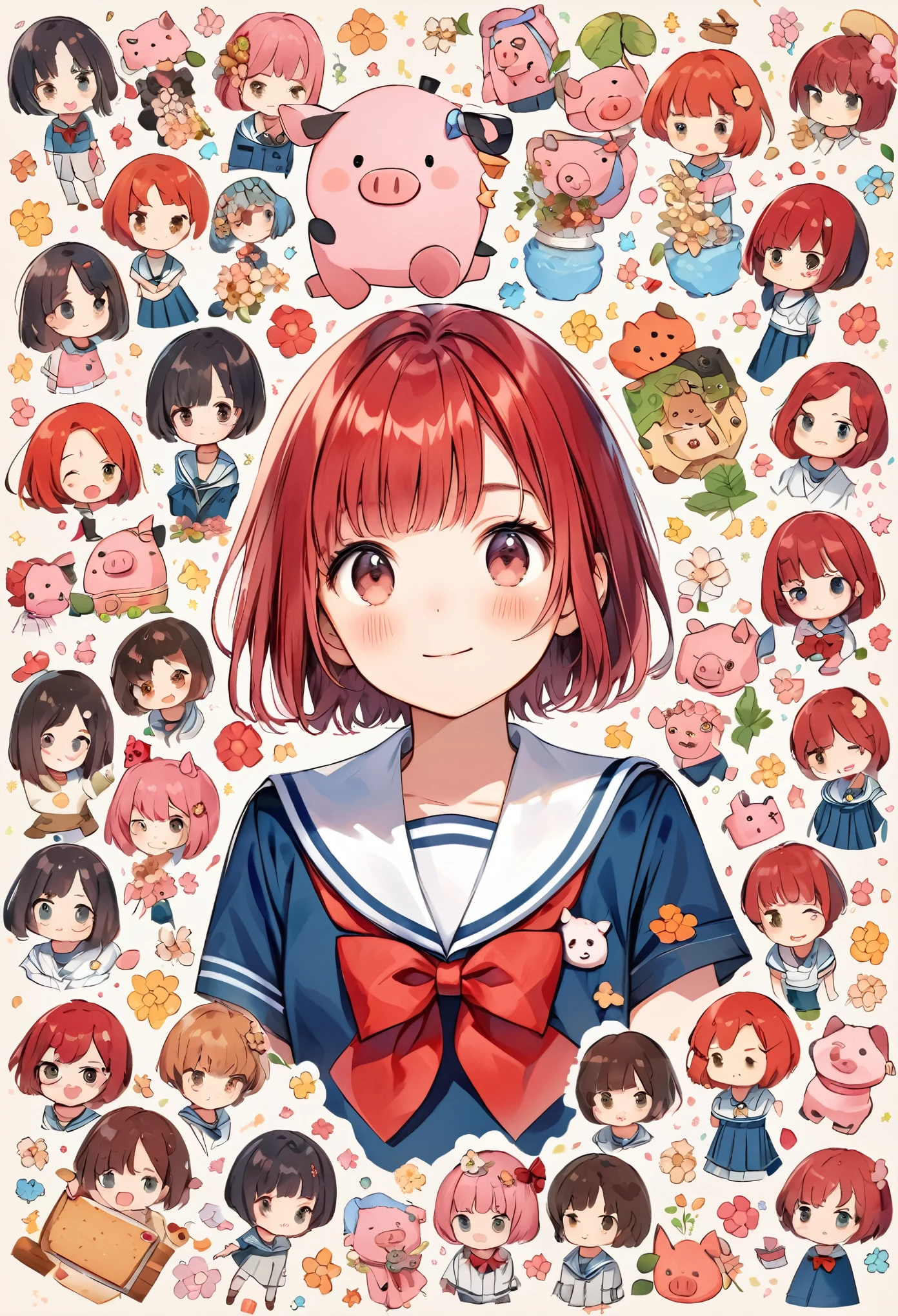 Create an illustration of a short-haired character in a sailor suit style, with a red bow tie and red hair decorated with flowers. Next to the character, add a cute stuffed pig that is about the same size. The background is a collage of her various illustrations, images, and school images.