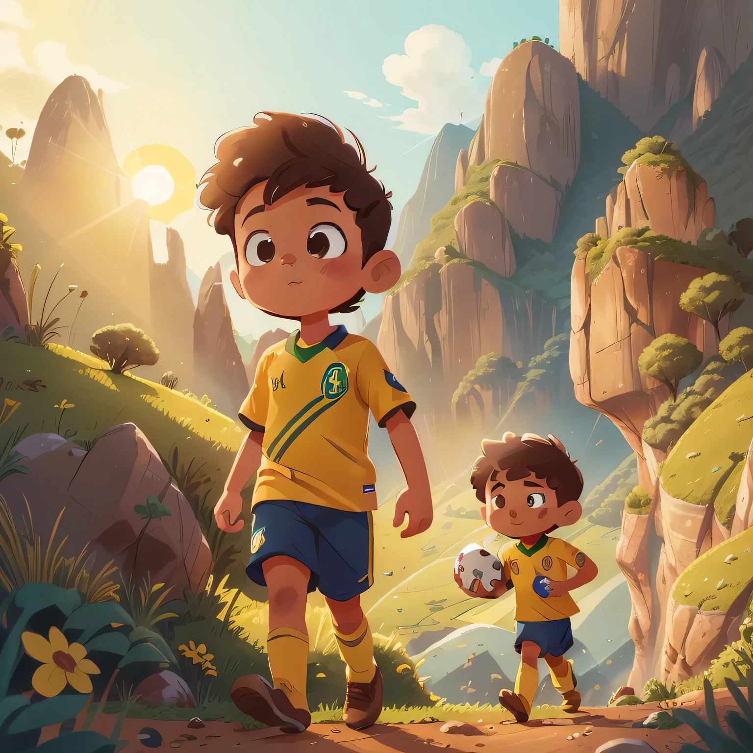 A perfectly detailed children's drawing of a thoughtful, brave ,
hair short and neat, brown, eyes brown, wearing a Brazilian national soccer team shirt, yellow,
walking alone in a beautiful mountainous landscape during sunset, happy, in the style of Disney Channel,
ultra high definition image, 8K, ultra quality, masterpiece.