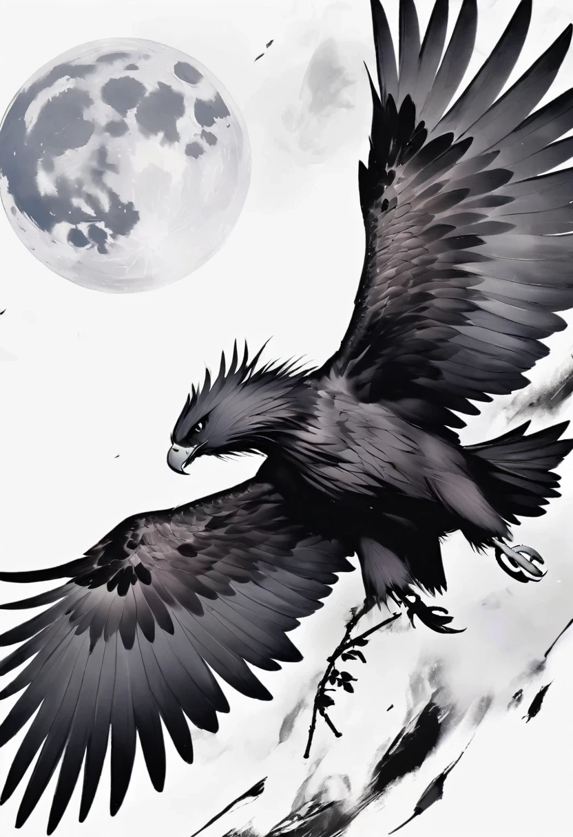 Black Hawk, White background, moon, simple, Minimalism, Regular angle,Black and White