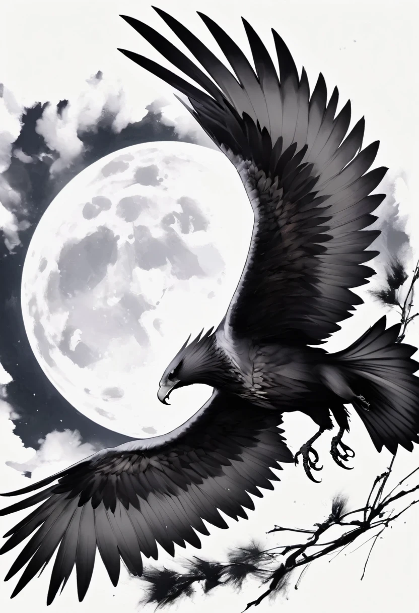 Black Hawk, White background, moon, simple, Minimalism, Regular angle,Black and White