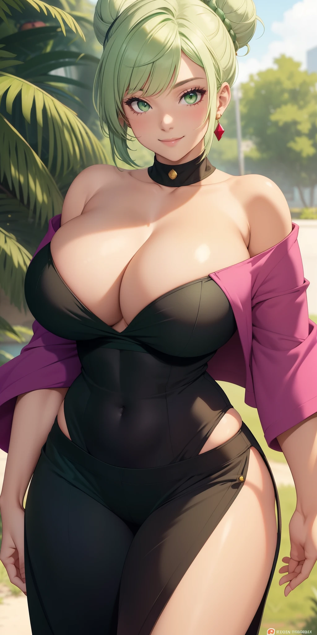 colorful outfit, cleavage, big breasts, only girl, plum, short detailed hair, (green eyes: 1.2), white hair, bun, dark skinned woman, off-shoulder black outfit, smile, looking at camera,