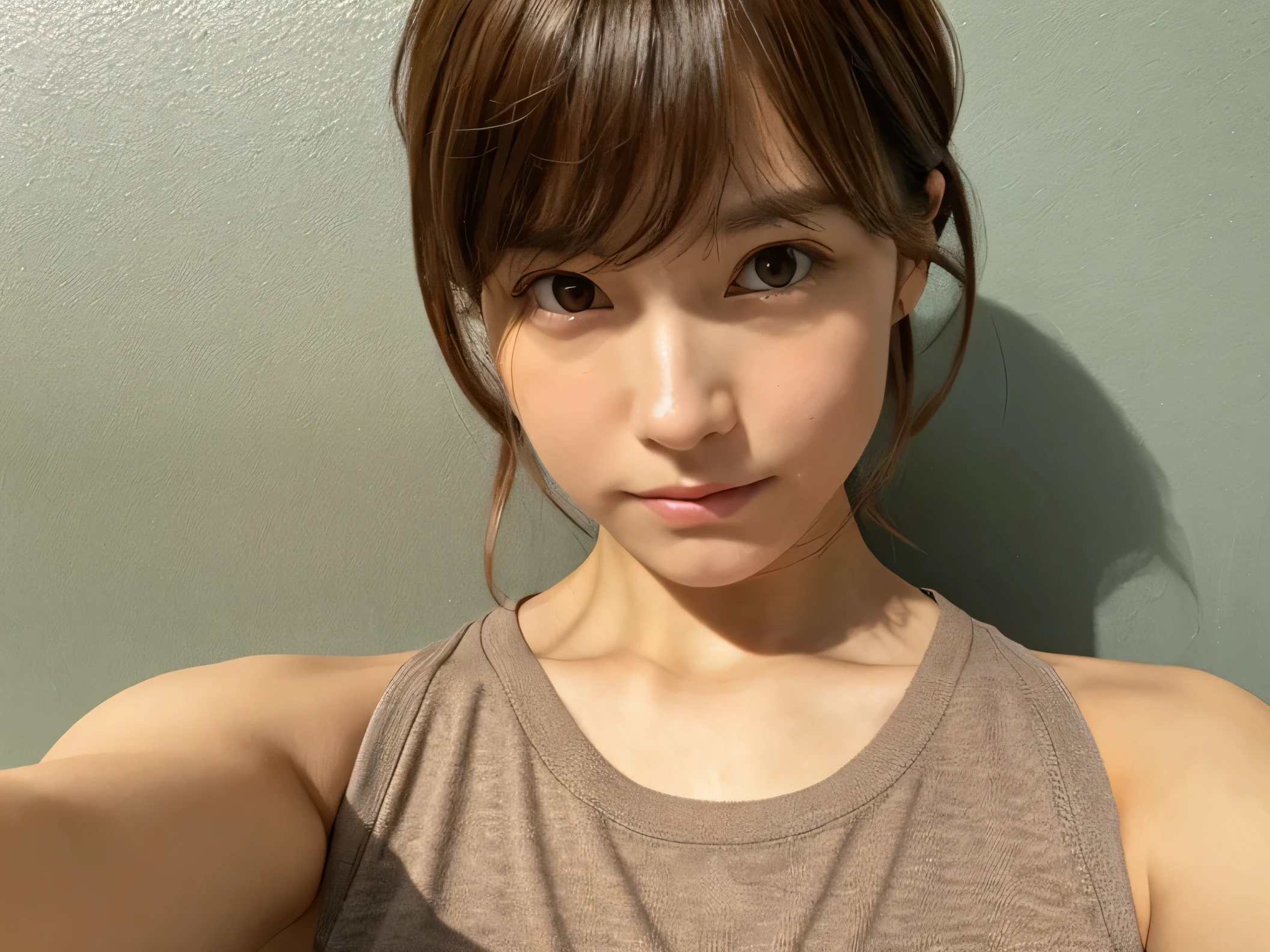 Look into the eyes,　Eye contact,　Front of face,　Front face,　face,　head,　Cross-legged,　indoor,　Brown Hair,　bangs,　Light clothing,　Tank top,　Sweat,　Sweaty,　Sweaty,　clavicle,　Cross-legged,　Light from below,　Chest