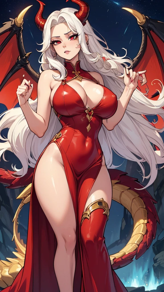 Masterpiece: 1.3, 1 girl ((25 years old, dressed in a tight red dress and gold details, huge breasts, long bright white hair, beautiful face, perfect model body, large dragon horns, bright red eyes: 1.4, happy , crazy and lustful face looking at a girl: 1.2, big flame in the background at night: 1.1, beautiful and energetic atmosphere: 1.2))