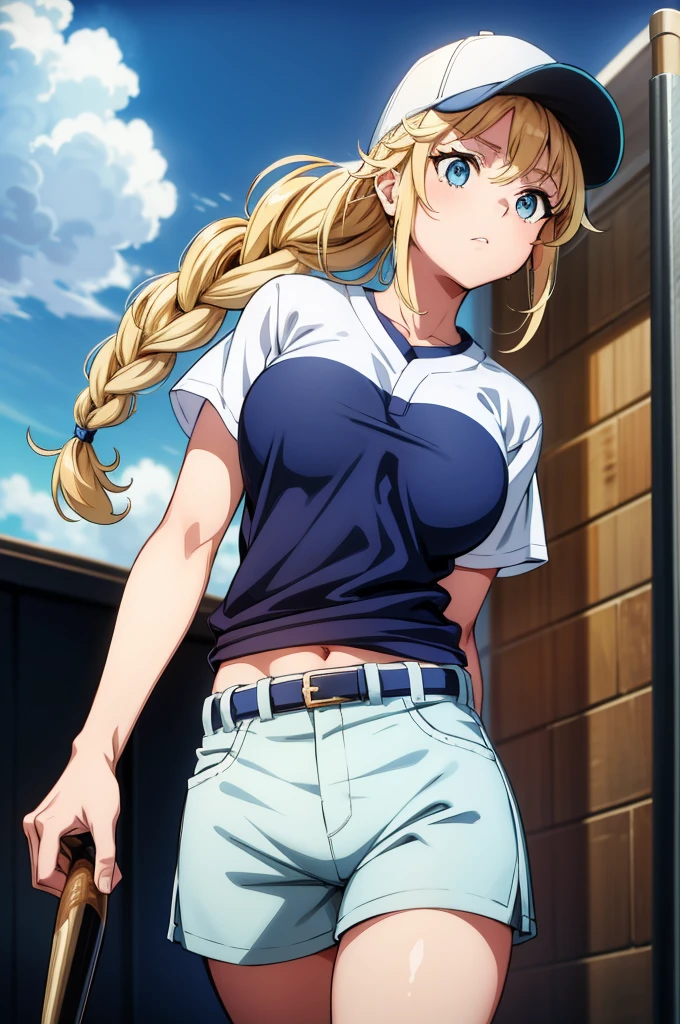 a comic book image of a blond female baseball player with a baseball hat, 1girl, solo, blonde hair, baseball cap, baseball uniform, hat, navel, shorts, green eyes, baseball mitt, outdoors, belt, wristband, blue shorts, breasts, shirt, white shirt, short sleeves, day, sidelocks, sportswear, sky, adjusting clothes, arm behind back,more_details:-1, more_details:0, more_details:0.5, more_details:1, more_details:1.5,Eiko Tsukimi, blue eyes, braid, twin braid, blonde hair, long hair,baseball cap