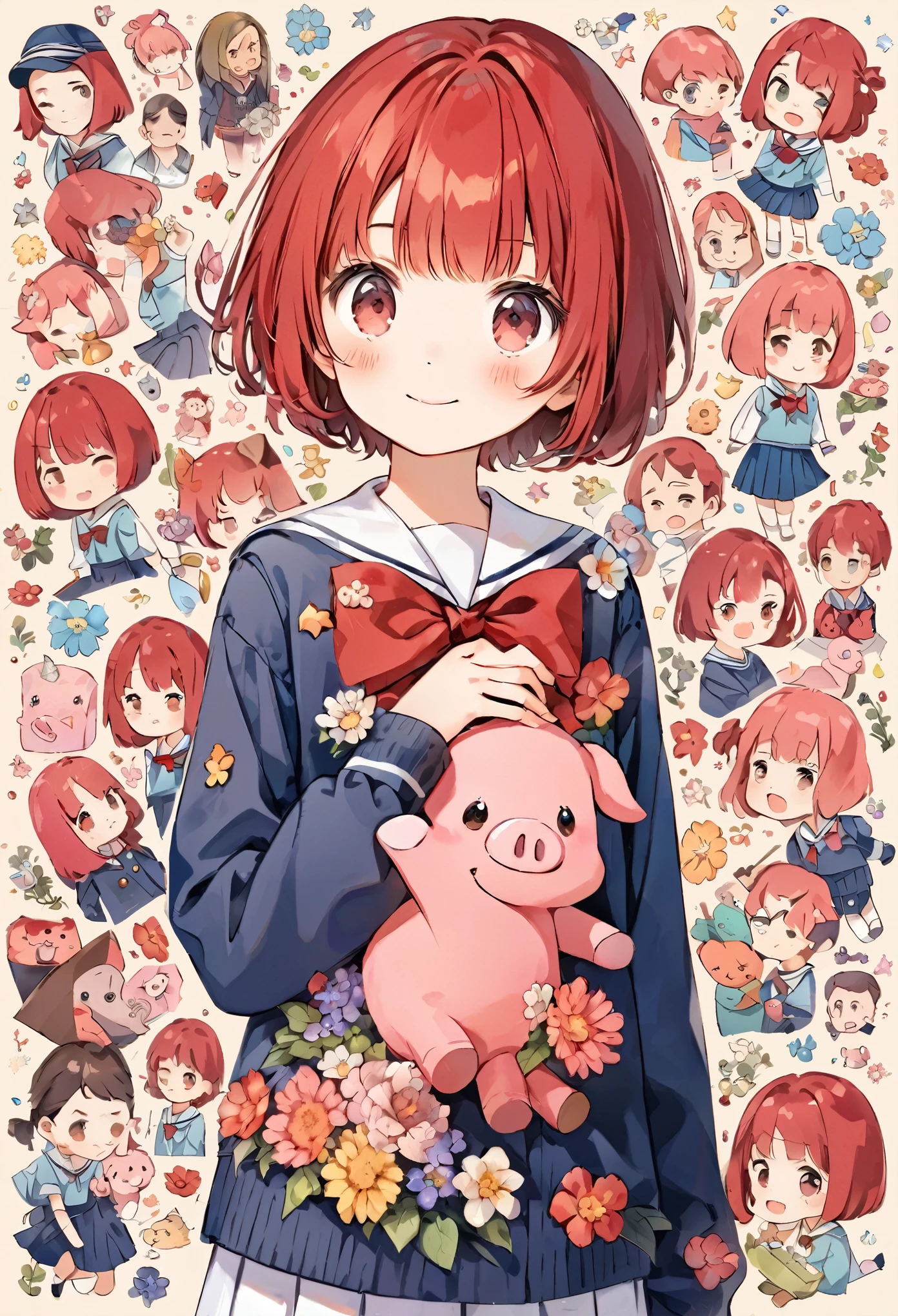 Create an illustration of a short-haired character in a sailor suit style, with a red bow tie and red hair decorated with flowers. Next to the character, add a cute stuffed pig that is about the same size. The background is a collage of her various illustrations, images, and school images.