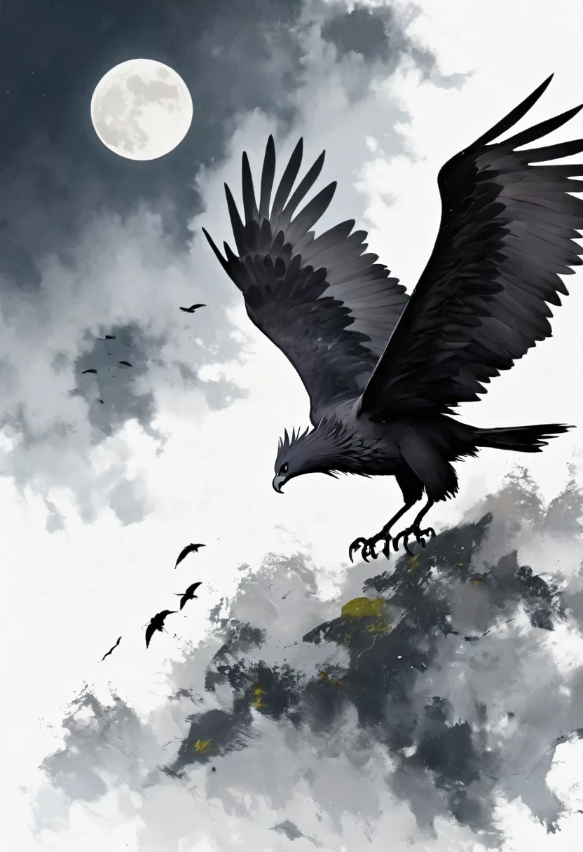 Black Hawk, White background, moon, simple, Minimalism, Regular angle,Black and White
