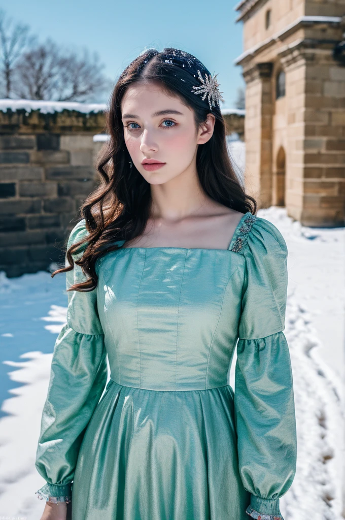 ( masterpiece, top quality, best quality,8k,17 years old girl,ultra detailed,raw photo:1.5),(photorealistic:1.4),(cinematic lighting), PerfectNwsjMajic, , Surrealism, UHD, ccurate, Super detail, textured skin, High detail, Best quality, dynamic angle, (high nose,White skin),[Beautiful blue eyes],(1girl),(good anatomy:0.5)), a woman in a dress, rococo queen, rococo fashion, rococo style portrait,rococo dress, rococo cyberpunk, No estilo de arte de Bowater, Senhora Vitoriana, Dreamy atmosphere,expressive brush strokes, mystical ambiance, ((snow)),Artistic interpretation, a whimsical illustration, Subtle colors and tones, face, (long hair), castle in the background ,