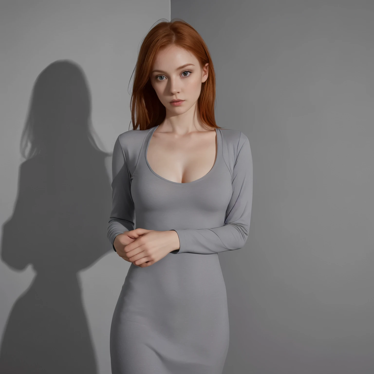 Slender ginger Irish woman, tight grey cotton dress, strong lighting with shadows, small breasts,