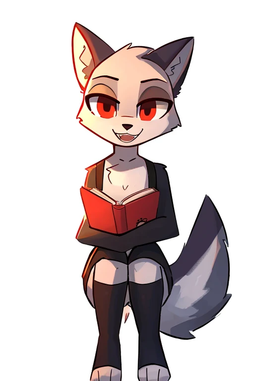 enginetrap helluva_boss loona_(helluva_boss) canid canid_demon demon hellhound mammal 2021 digital_media_(artwork) hi_res lighting shaded signature anthro book clothed clothing female fully_clothed fur light looking_at_viewer midriff open_mouth open_smile smile solo tail toeless_legwear white_body white_fur, BREAK (masterpiece, best quality, coloured sketch, 4k, 2k, (intricate, high detail:1.2), film countershading, analog style, absurd res, by enginetrap) (best quality, high quality:1.4)