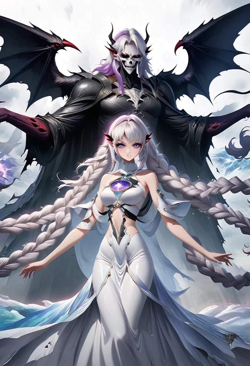 Death Demon,Dragon Island, Double braid girl,(White background:1.2)，Cartoon character with wings flying over woman in purple and white dress, Anime fantasy illustration, white hair deity, Fantasy style anime, Anime Fantasy Artwork, Anime Cover, Fantasy art style, Ethereal Anime, white hair, white hair, Beautiful fantasy anime, Nixon and Sagemchan, Queen and ruler of the universe, Anime style 4k， Cool anime 8K, Devil anime girl, Anime epic artwork, best anime 4k konachan wallpapers, angel knight girl, 2. 5D CGI anime fantasy artwork, Angels Watching the Devil, Anime Key Art, Eros and Thanatos, Dark Angel, Epic anime style, Ghost Hunters Art Style