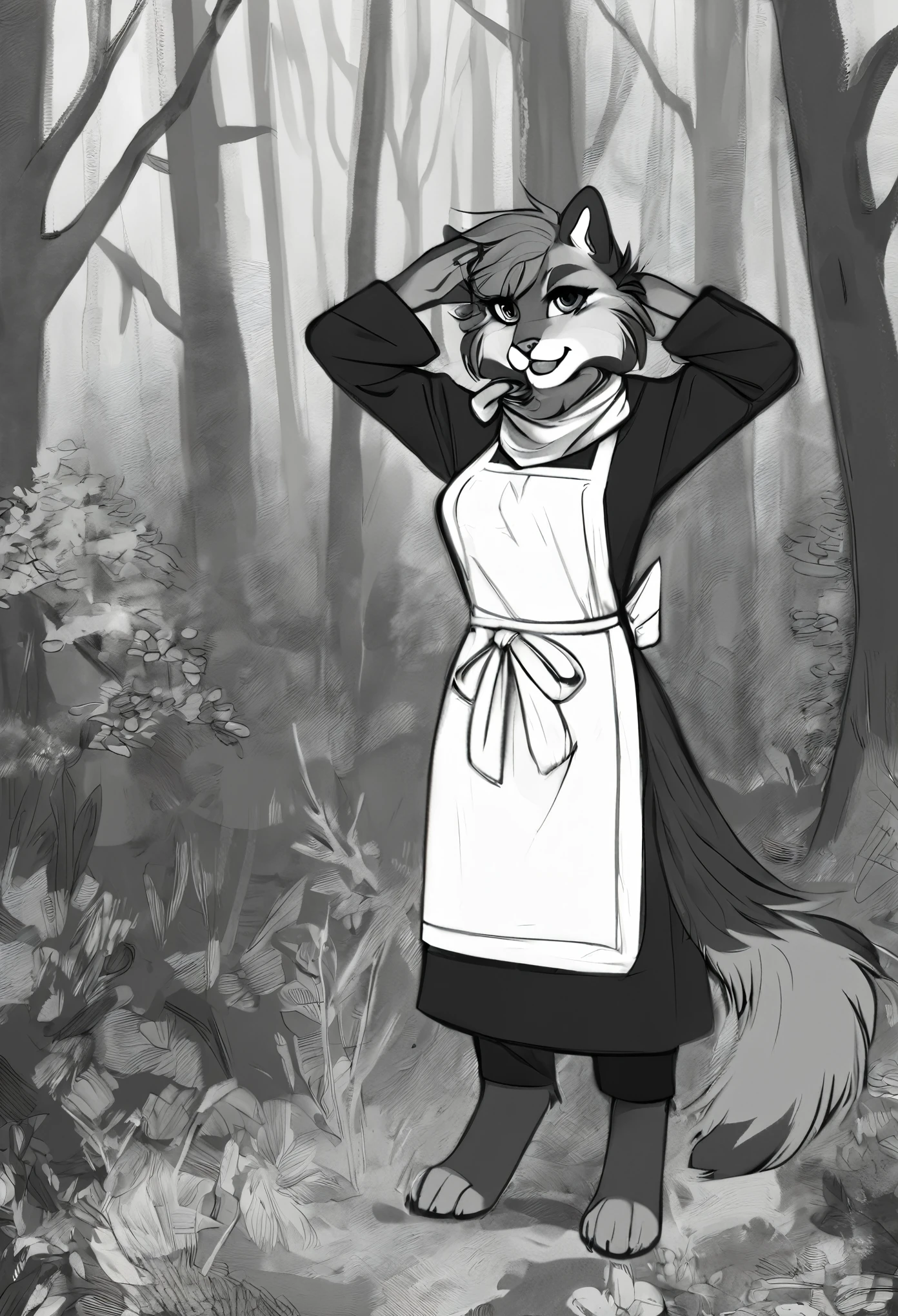 ultra detailed(sketch:1.1),(monocolour:1.3), solo,(forest:1.2),soviet flat,salute,cowboy shot,
furry girl,(kid:1.4),manul,tusun,pallascat,,white apron,(neckerchief:1.2),black dress, looking at viewer,( fur paws:1.2),