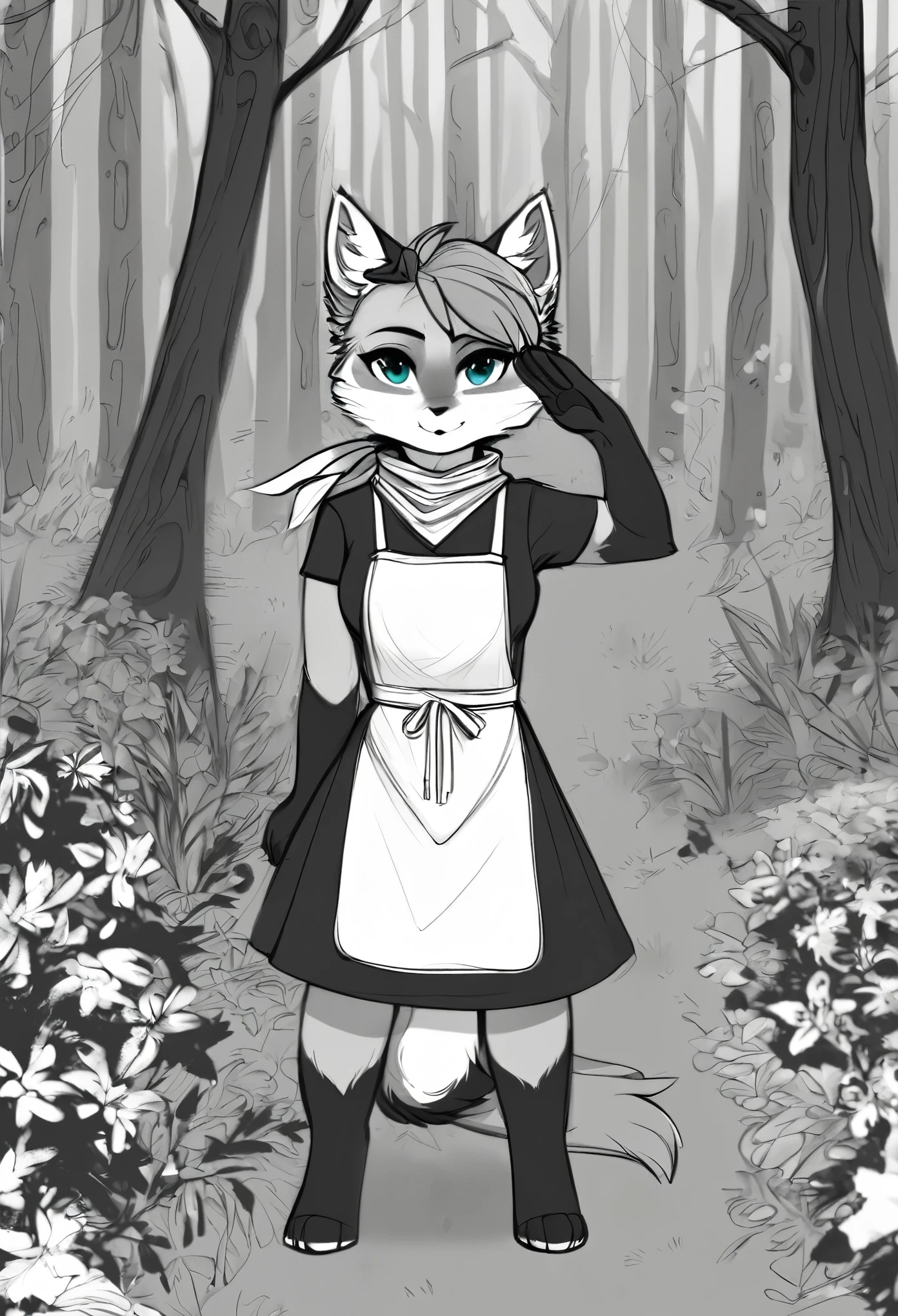 ultra detailed(sketch:1.1),(monocolour:1.3), solo,(forest:1.2),soviet flat,salute,cowboy shot,
furry girl,(???:1.4),manul,tusun,pallascat,,white apron,(neckerchief:1.2),black dress, looking at viewer,( fur paws:1.2),
