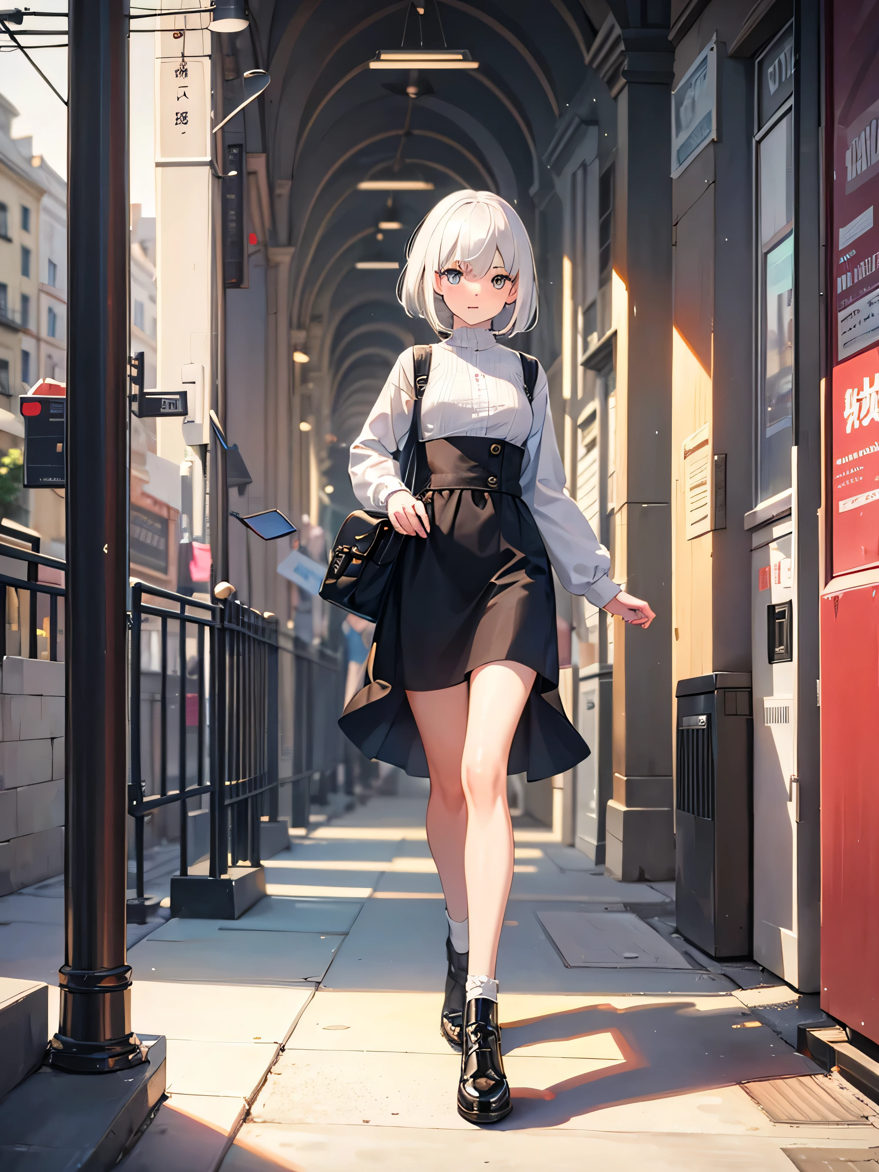 A small white-haired cute girl walks in a city full of people.