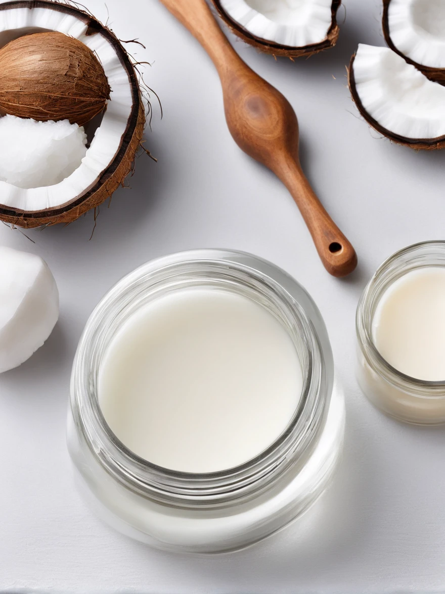 Generate a visually appealing and realistic image of coconut sugar. In a modern kitchen The main focus should be a clear glass jar filled with pure, white coconut oil,.. Beside the jar, depict a coconut cut in half, showing the fresh white meat from which the oil is derived. Include subtle details like the fibrous outer shell of the coconut and a small, wooden spoon resting against the jar, suggesting its use in cooking or skin care. Aim for a soft lighting setup that highlights the natural sheen of the coconut oil and evokes a sense of purity and naturalness. The overall composition should be simple yet elegant, suitable for use in a culinary or health and wellness context."