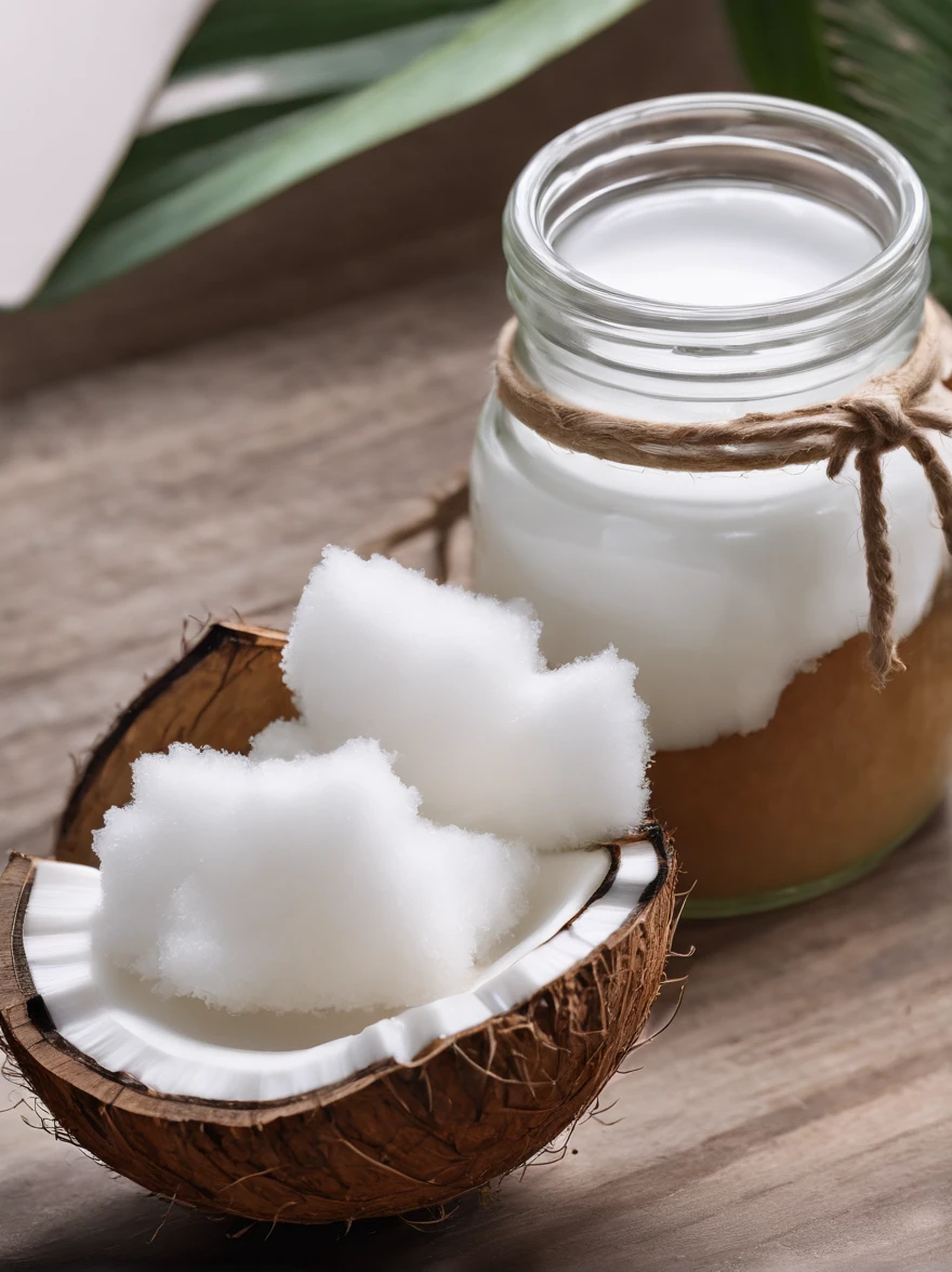 Generate a visually appealing and realistic image of coconut sugar. In a modern kitchen The main focus should be a clear glass jar filled with pure, white coconut oil,.. Beside the jar, depict a coconut cut in half, showing the fresh white meat from which the oil is derived. Include subtle details like the fibrous outer shell of the coconut and a small, wooden spoon resting against the jar, suggesting its use in cooking or skin care. Aim for a soft lighting setup that highlights the natural sheen of the coconut oil and evokes a sense of purity and naturalness. The overall composition should be simple yet elegant, suitable for use in a culinary or health and wellness context."