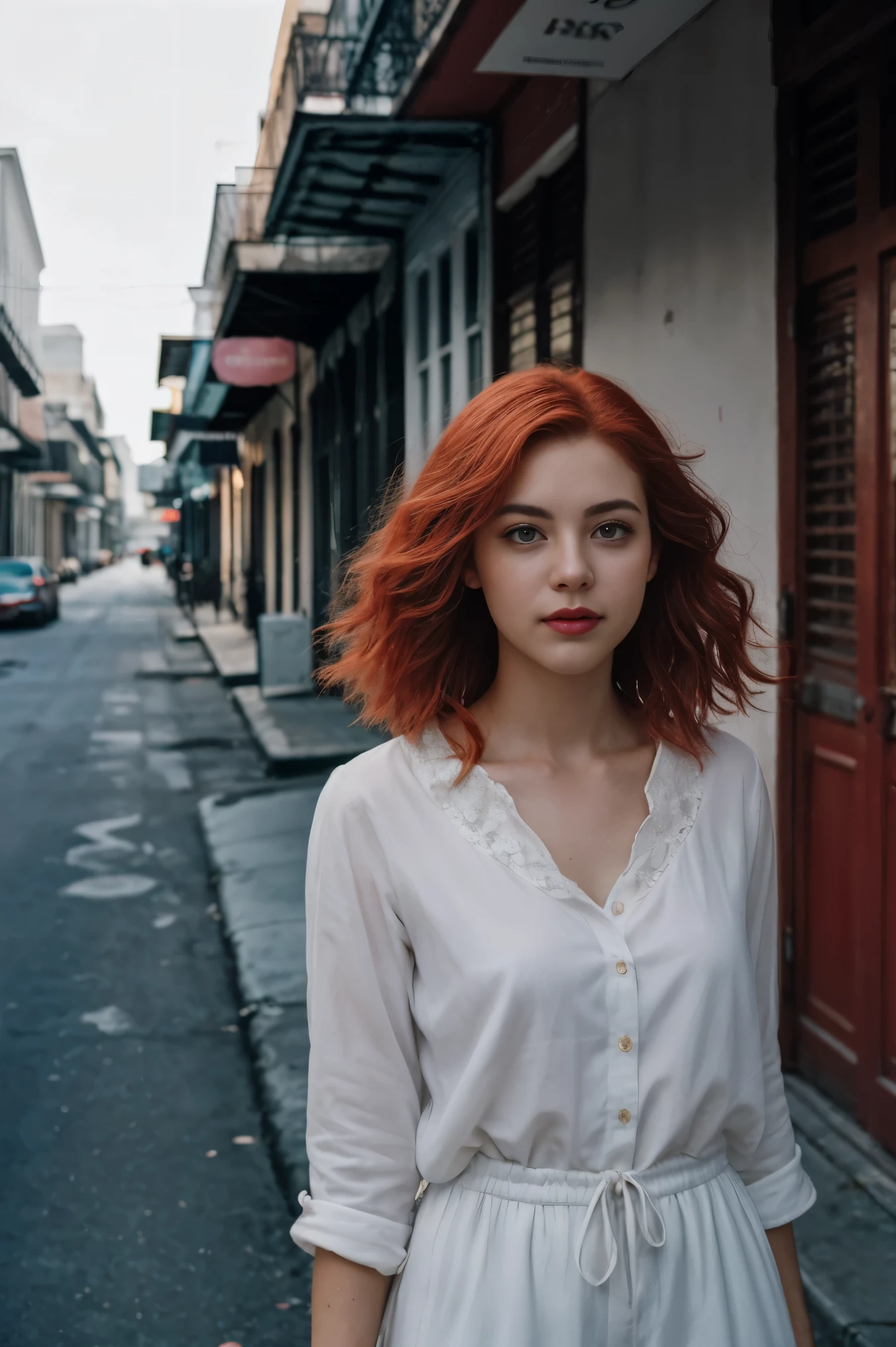 Cinematic, realista, fechar-se, documentary film of a 22-year-old woman with vibrant red hair and twilight eyes, embracing the lively spirit of New Orleans, Louisiana, the city's music and history resonating in its adventurous heart