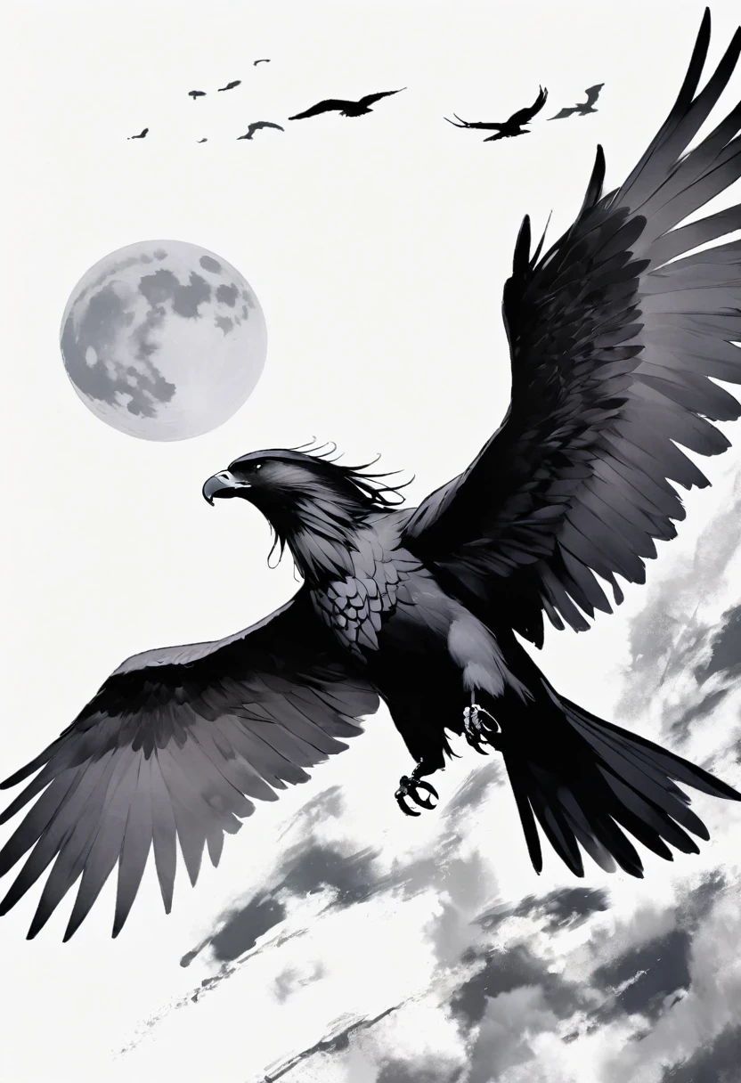 Black Hawk, White background, moon, simple, Minimalism, Regular angle,Black and White