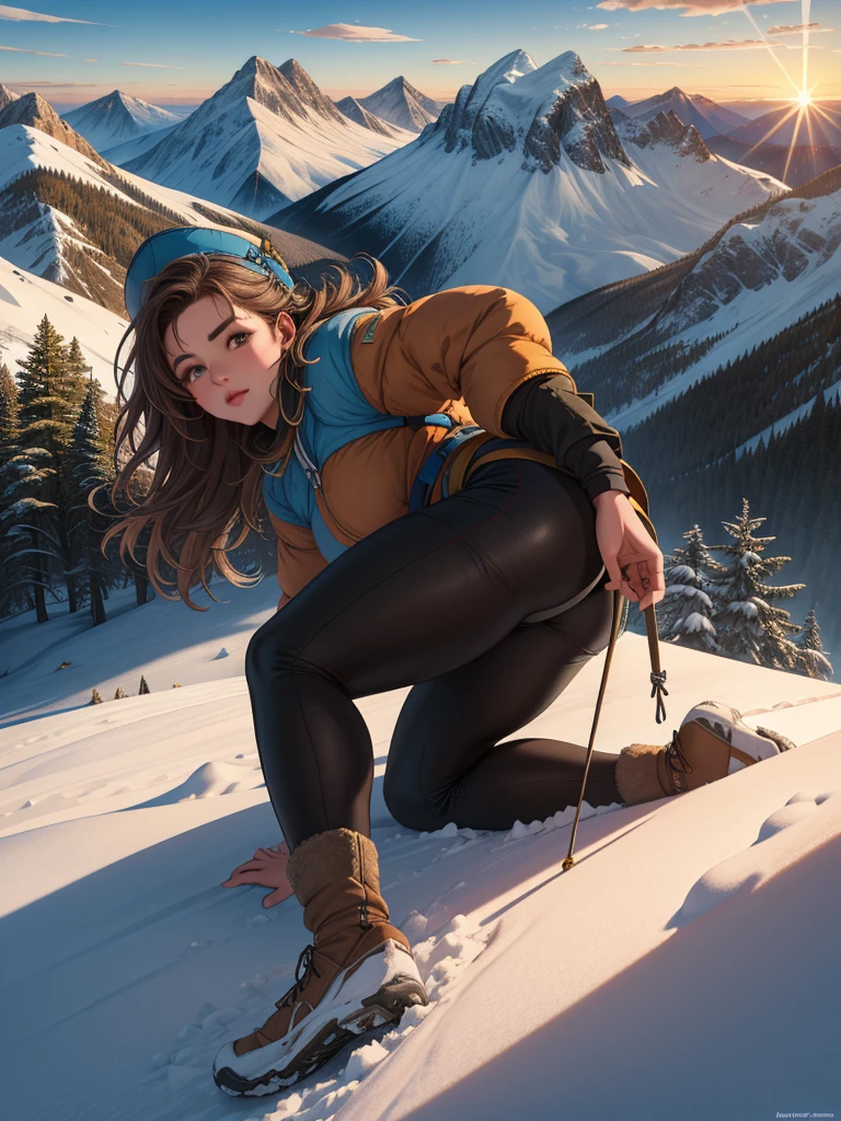 highest quality, masterpiece, Highly detailed background, Majestic Mountain々Back view of a girl climbing a hill, ((Winter mountaineer style clothing)), A person stretching out in the sunlight shining in from the mountaintop, Beautiful landscape in earth tones, Bright prospects, Expressions that give viewers a gentle feeling, Focus on the landscape、Make portrait smaller..